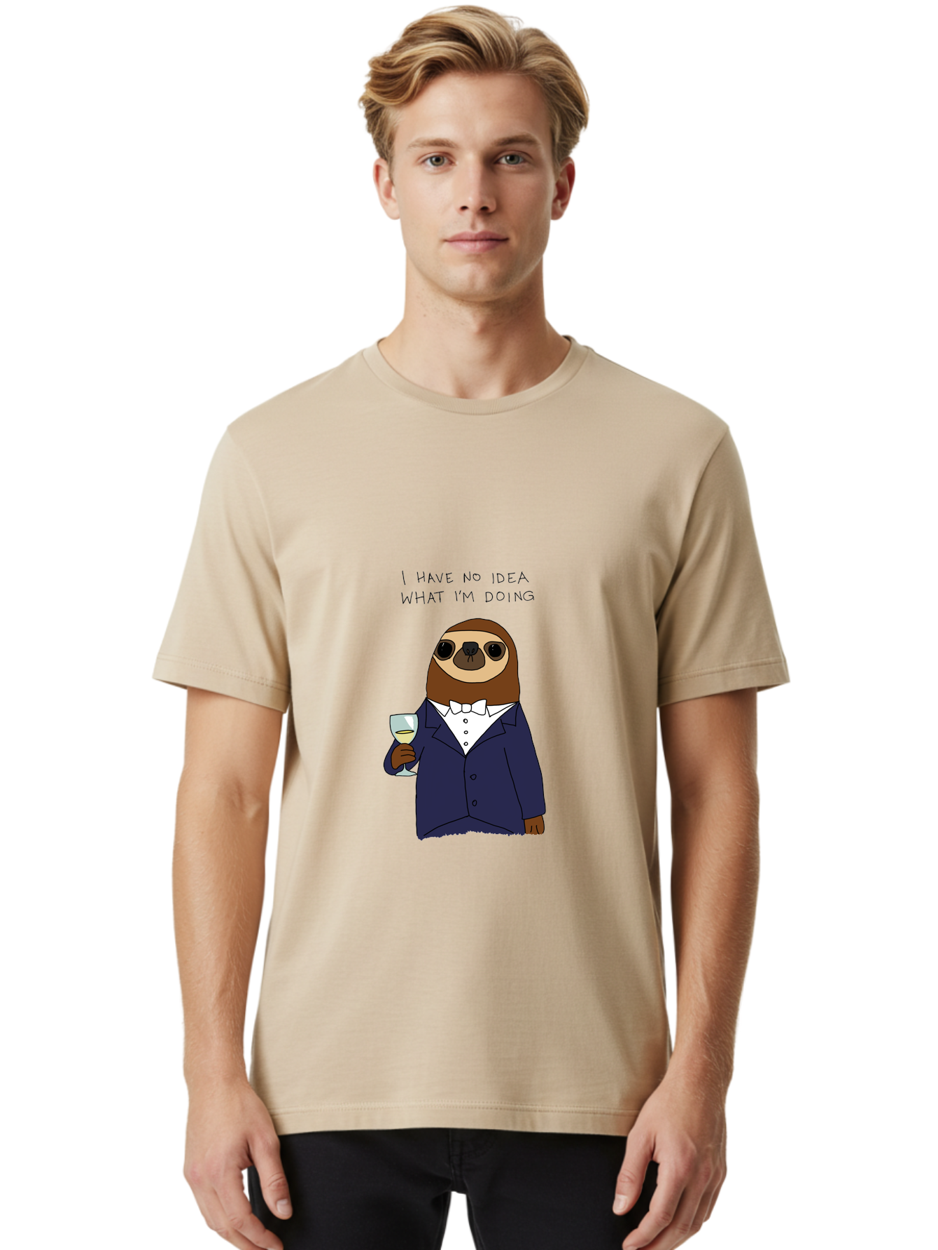I-Have-No-Idea-What-I-M-Doing Men'S Graphic Tee, 100% Cotton, Comfortable Casual Summer Wear, Machine Washable, Sloth In Tuxedo, Holding Wine Glass, Humor, Funny Animal, Cartoon Character, Adult Beverage, Humorous Quote, Relatable Meme, -  Aaa063