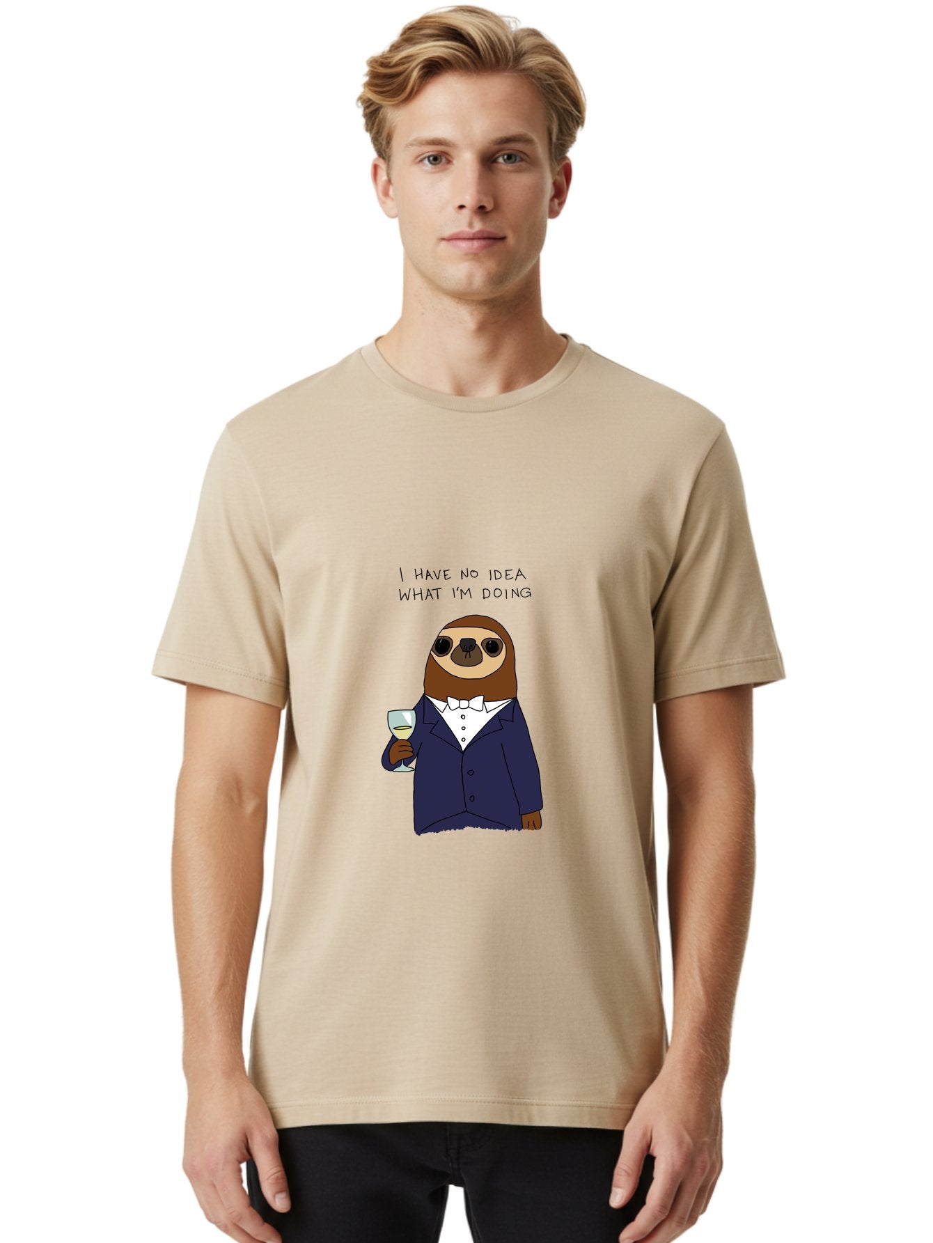 I-Have-No-Idea-What-I-M-Doing Men'S Graphic Tee, 100% Cotton, Comfortable Casual Summer Wear, Machine Washable, Sloth In Tuxedo, Holding Wine Glass, Humor, Funny Animal, Cartoon Character, Adult Beverage, Humorous Quote, Relatable Meme, -  Aaa063 24