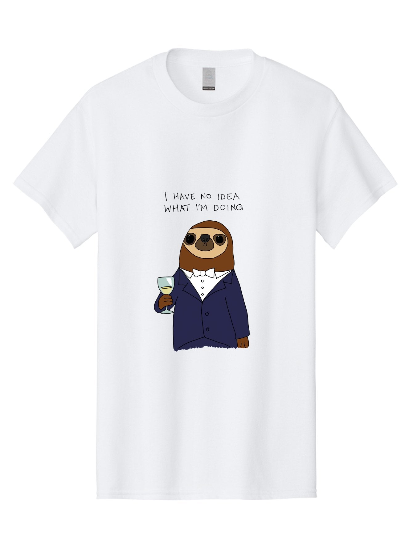 I-Have-No-Idea-What-I-M-Doing Men'S Graphic Tee, 100% Cotton, Comfortable Casual Summer Wear, Machine Washable, Sloth In Tuxedo, Holding Wine Glass, Humor, Funny Animal, Cartoon Character, Adult Beverage, Humorous Quote, Relatable Meme, -  Aaa063 27