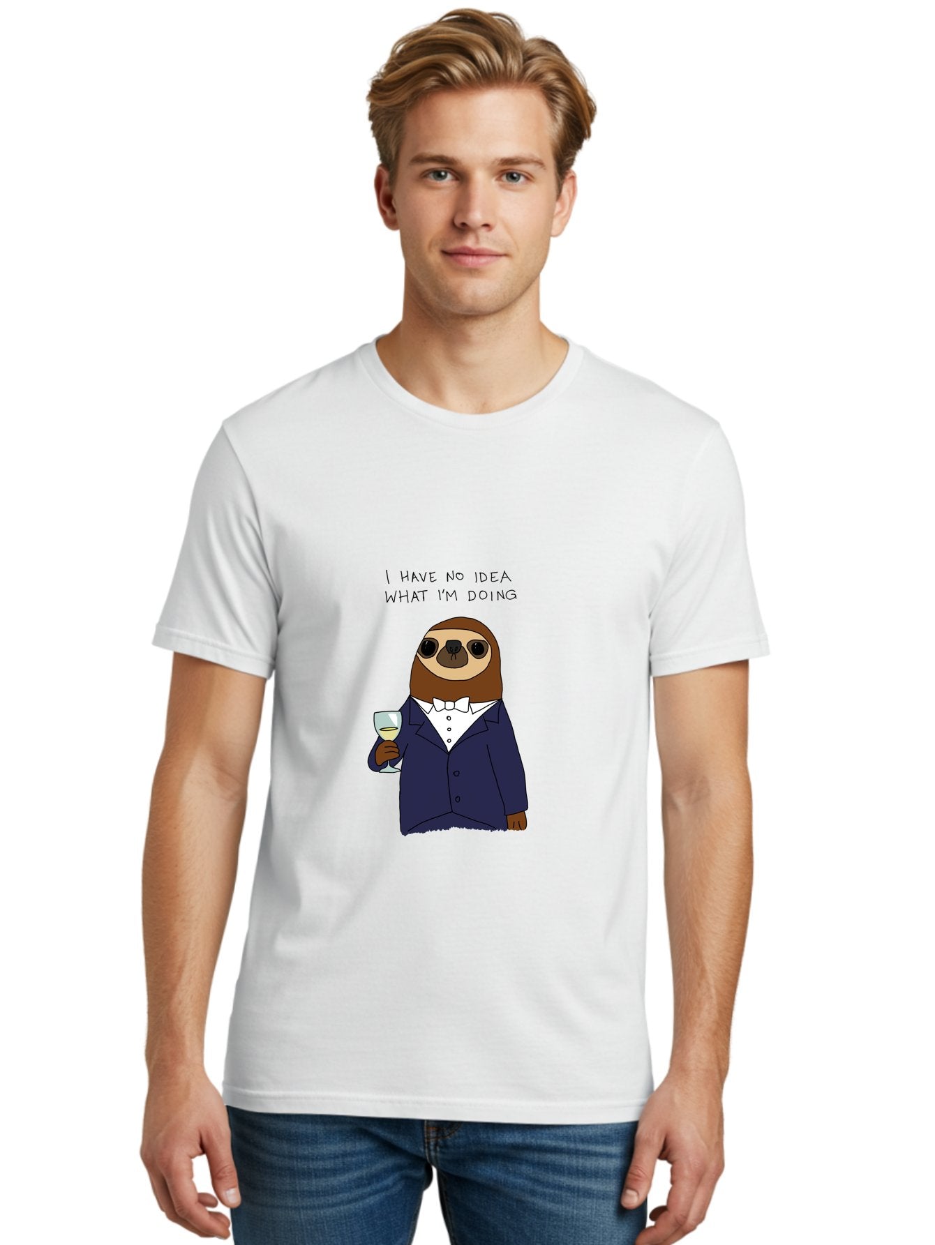 I-Have-No-Idea-What-I-M-Doing Men'S Graphic Tee, 100% Cotton, Comfortable Casual Summer Wear, Machine Washable, Sloth In Tuxedo, Holding Wine Glass, Humor, Funny Animal, Cartoon Character, Adult Beverage, Humorous Quote, Relatable Meme, -  Aaa063 28