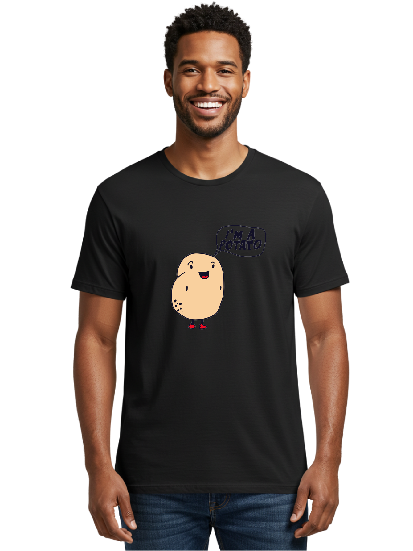 I-M-A-Potato Men'S Graphic Tee, 100% Cotton, Comfortable Casual Summer Wear, Machine Washable, I'M A Potato, Cartoon Potato, Smiling Potato, Speech Bubble, Humorous Character, Cute Illustration, Funny Graphic, Playful Design, -  Aaa070
