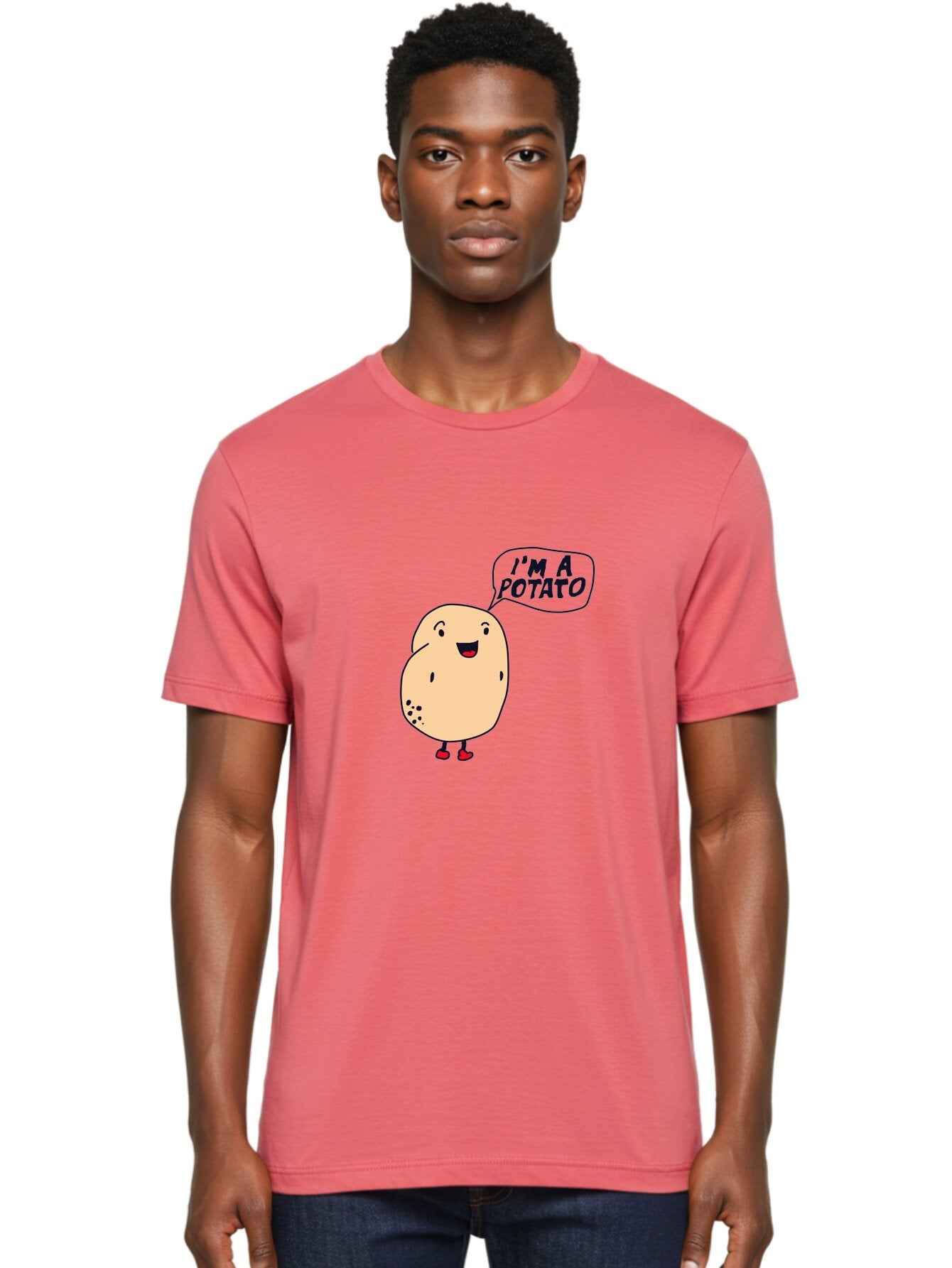 I-M-A-Potato Men'S Graphic Tee, 100% Cotton, Comfortable Casual Summer Wear, Machine Washable, I'M A Potato, Cartoon Potato, Smiling Potato, Speech Bubble, Humorous Character, Cute Illustration, Funny Graphic, Playful Design, -  Aaa070 4