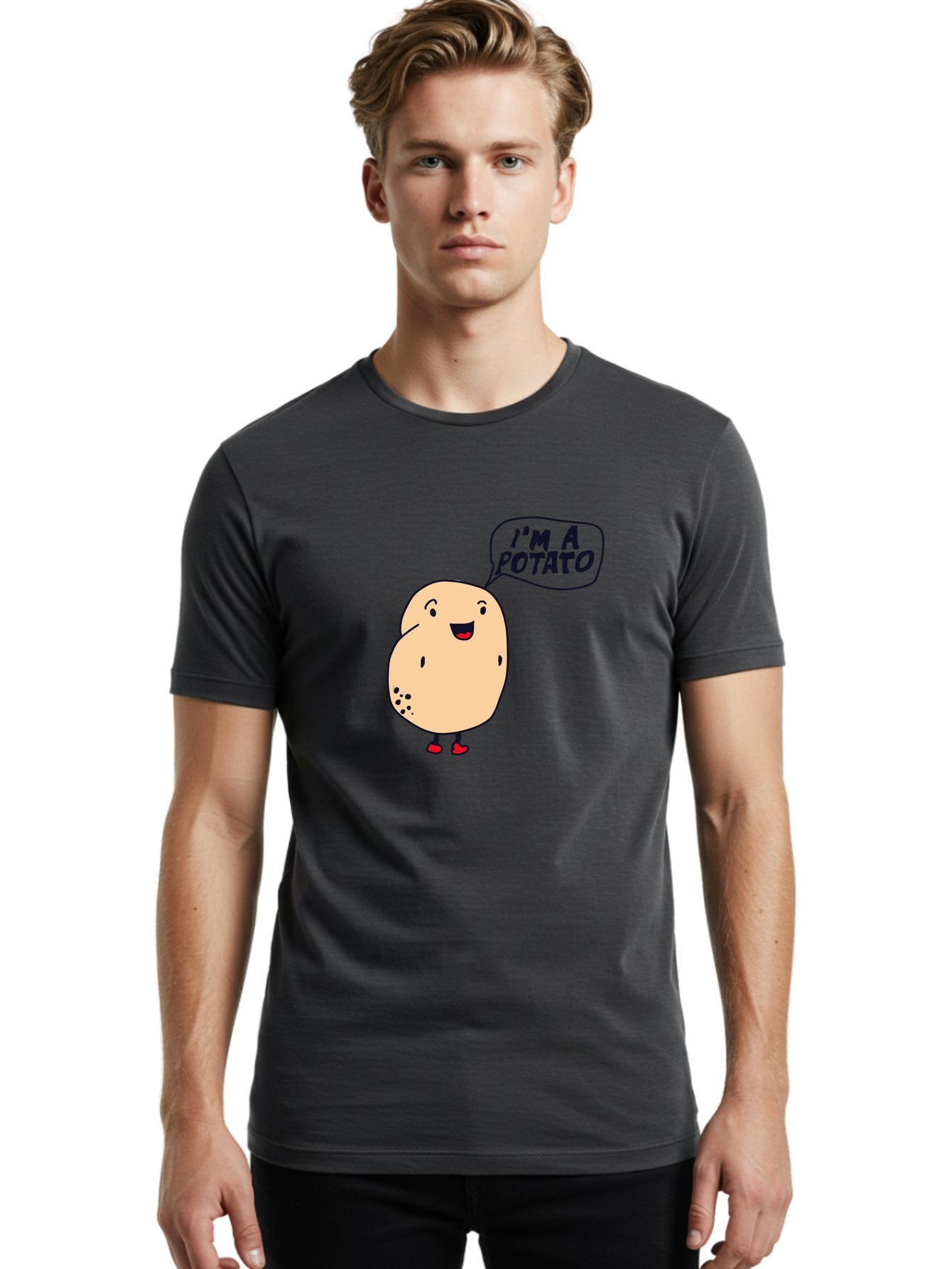 I-M-A-Potato Men'S Graphic Tee, 100% Cotton, Comfortable Casual Summer Wear, Machine Washable, I'M A Potato, Cartoon Potato, Smiling Potato, Speech Bubble, Humorous Character, Cute Illustration, Funny Graphic, Playful Design, -  Aaa070