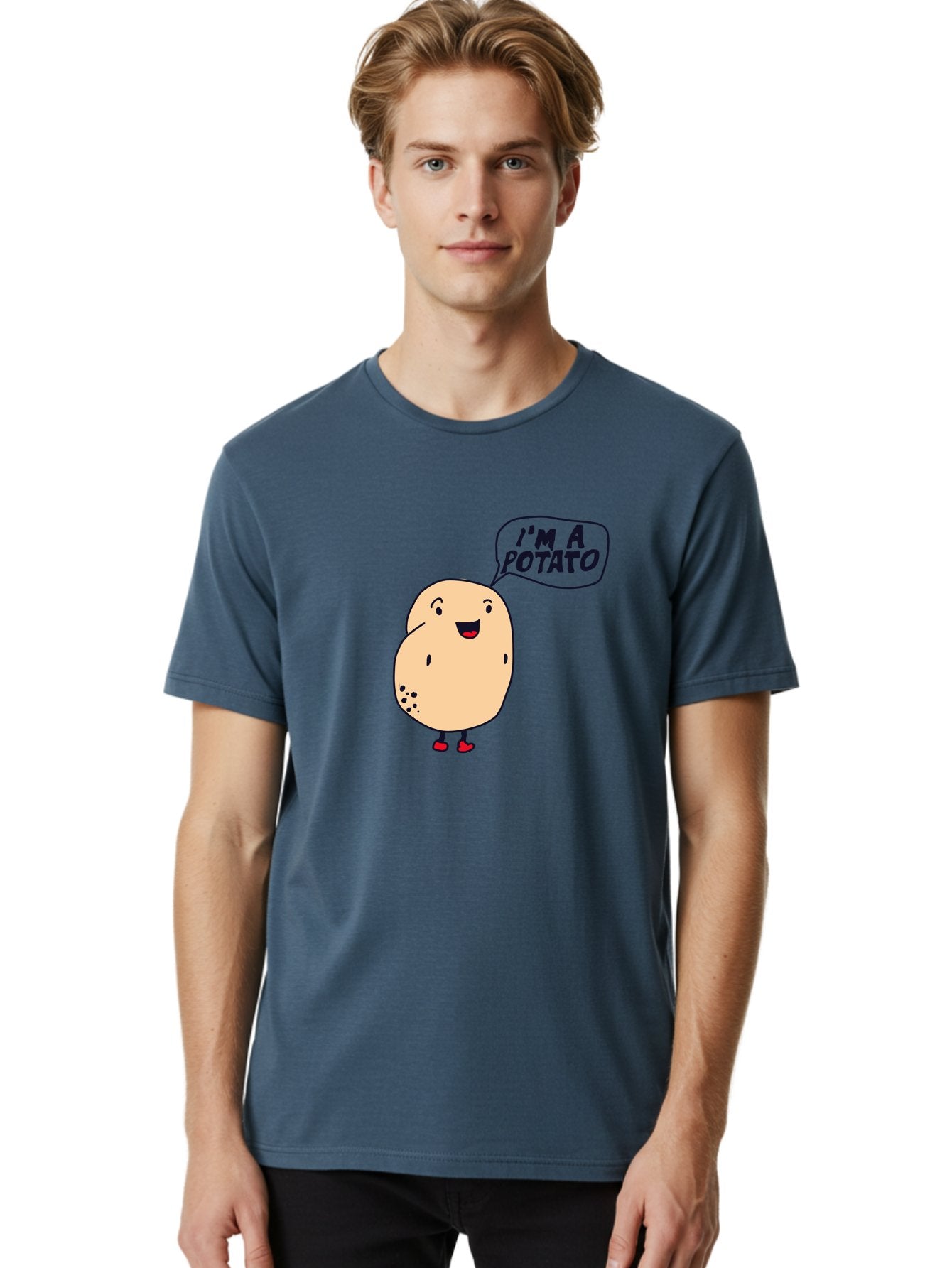 I-M-A-Potato Men'S Graphic Tee, 100% Cotton, Comfortable Casual Summer Wear, Machine Washable, I'M A Potato, Cartoon Potato, Smiling Potato, Speech Bubble, Humorous Character, Cute Illustration, Funny Graphic, Playful Design, -  Aaa070 22