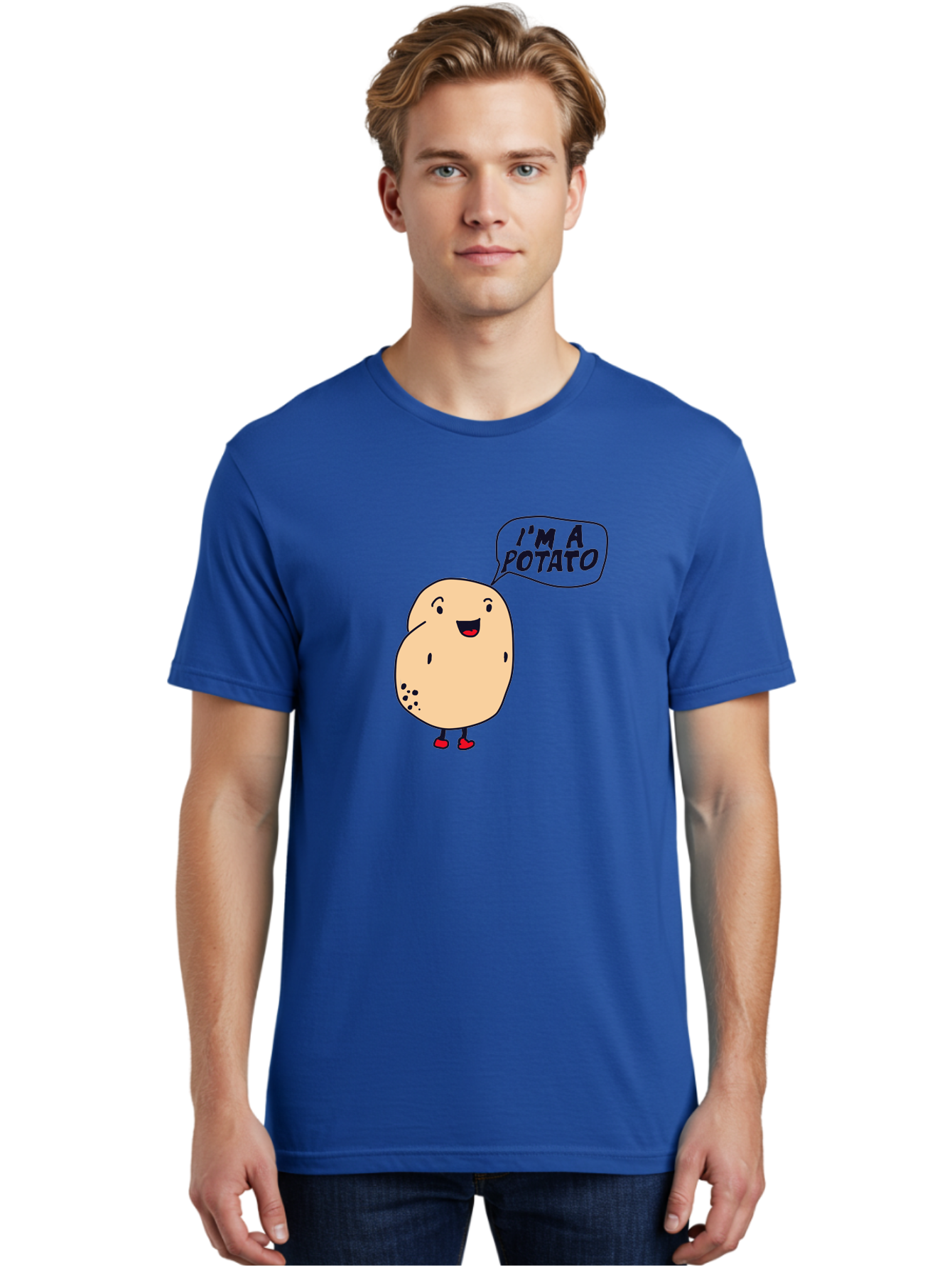 I-M-A-Potato Men'S Graphic Tee, 100% Cotton, Comfortable Casual Summer Wear, Machine Washable, I'M A Potato, Cartoon Potato, Smiling Potato, Speech Bubble, Humorous Character, Cute Illustration, Funny Graphic, Playful Design, -  Aaa070