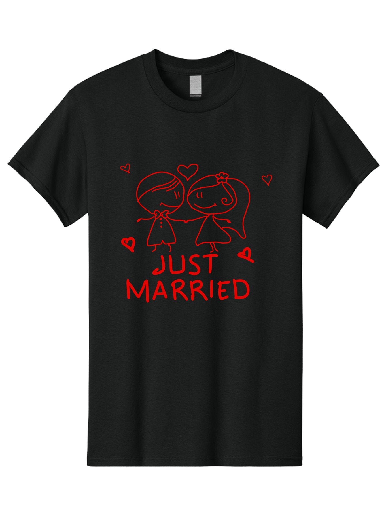Just-Married Men'S Graphic Tee, 100% Cotton, Comfortable Casual Summer Wear, Machine Washable, Newlywed Couple, Cartoon Bride And Groom, Love Hearts, Red Text, Hand Drawn Illustration, Wedding Celebration, Sweethearts Together, Romantic Art -  Aaa084 3