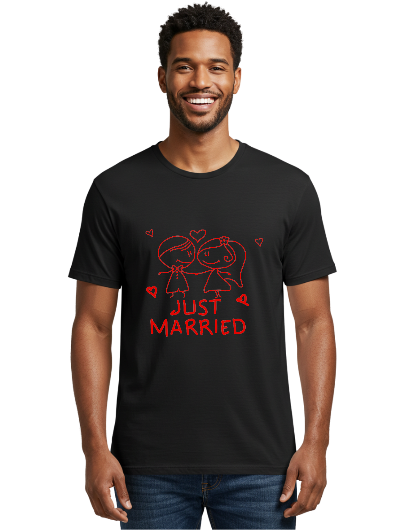 Just-Married Men'S Graphic Tee, 100% Cotton, Comfortable Casual Summer Wear, Machine Washable, Newlywed Couple, Cartoon Bride And Groom, Love Hearts, Red Text, Hand Drawn Illustration, Wedding Celebration, Sweethearts Together, Romantic Art -  Aaa084 12