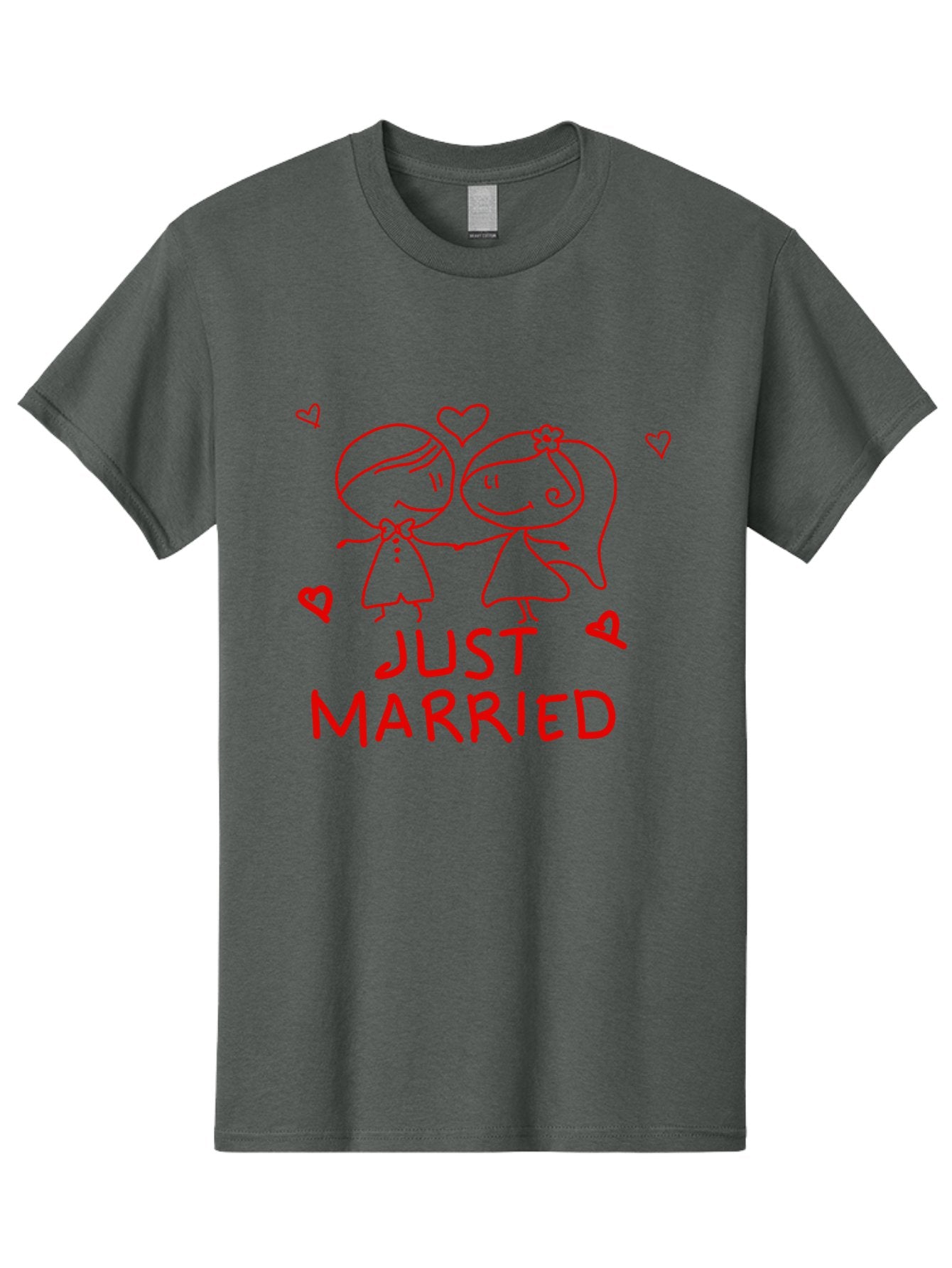 Just-Married Men'S Graphic Tee, 100% Cotton, Comfortable Casual Summer Wear, Machine Washable, Newlywed Couple, Cartoon Bride And Groom, Love Hearts, Red Text, Hand Drawn Illustration, Wedding Celebration, Sweethearts Together, Romantic Art -  Aaa084