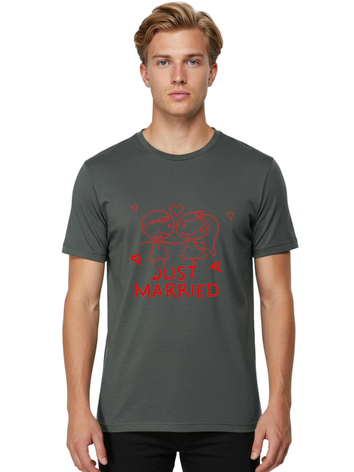 Just-Married Men'S Graphic Tee, 100% Cotton, Comfortable Casual Summer Wear, Machine Washable, Newlywed Couple, Cartoon Bride And Groom, Love Hearts, Red Text, Hand Drawn Illustration, Wedding Celebration, Sweethearts Together, Romantic Art -  Aaa084