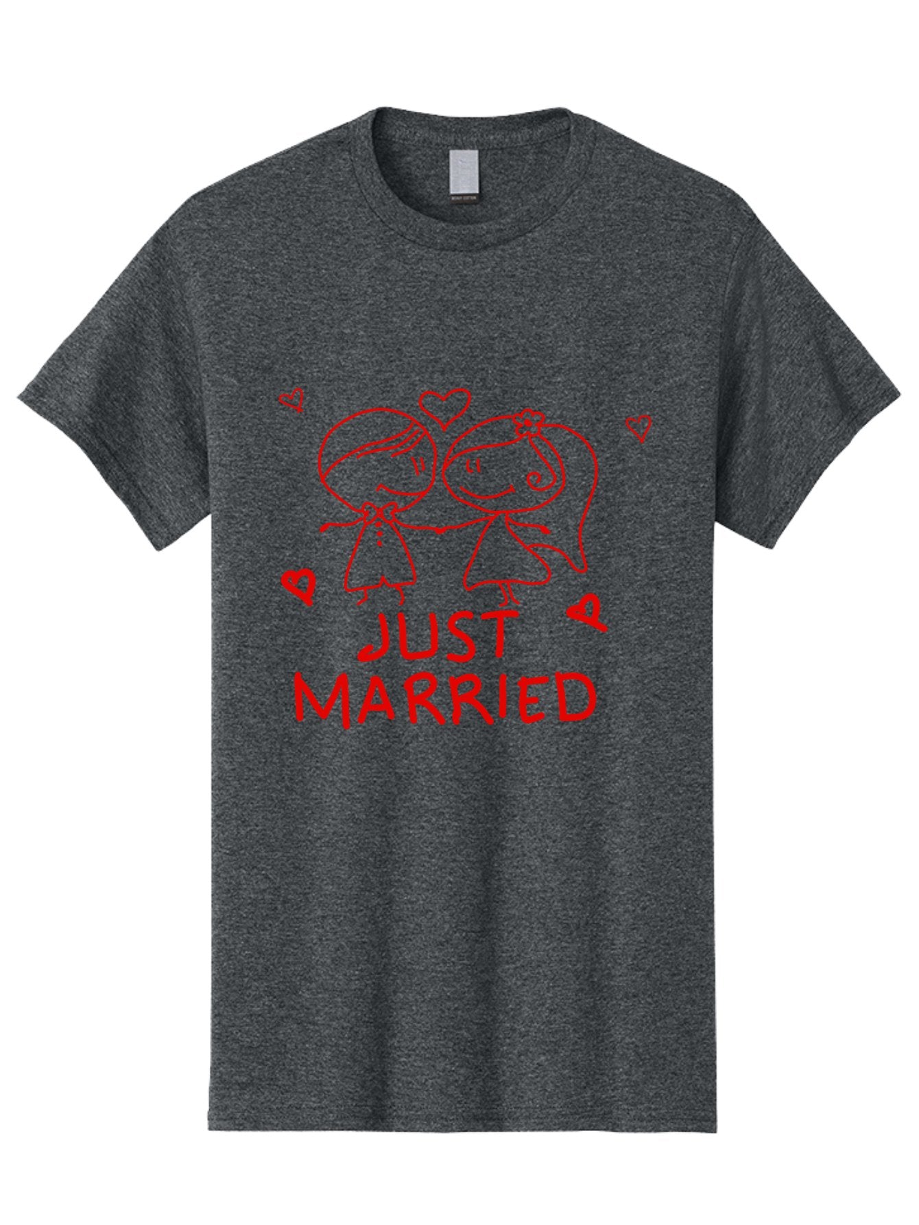 Just-Married Men'S Graphic Tee, 100% Cotton, Comfortable Casual Summer Wear, Machine Washable, Newlywed Couple, Cartoon Bride And Groom, Love Hearts, Red Text, Hand Drawn Illustration, Wedding Celebration, Sweethearts Together, Romantic Art -  Aaa084 5