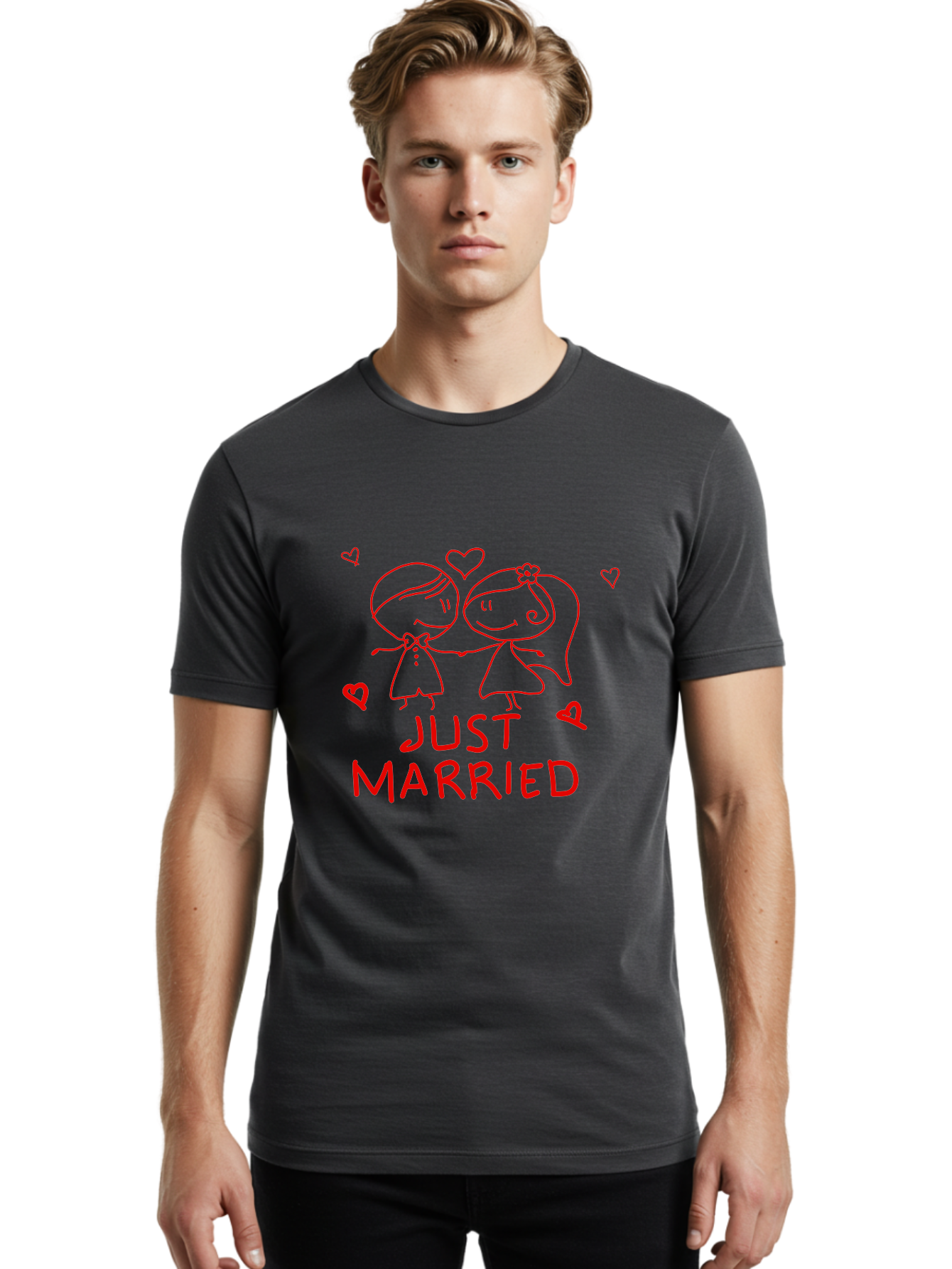 Just-Married Men'S Graphic Tee, 100% Cotton, Comfortable Casual Summer Wear, Machine Washable, Newlywed Couple, Cartoon Bride And Groom, Love Hearts, Red Text, Hand Drawn Illustration, Wedding Celebration, Sweethearts Together, Romantic Art -  Aaa084 30