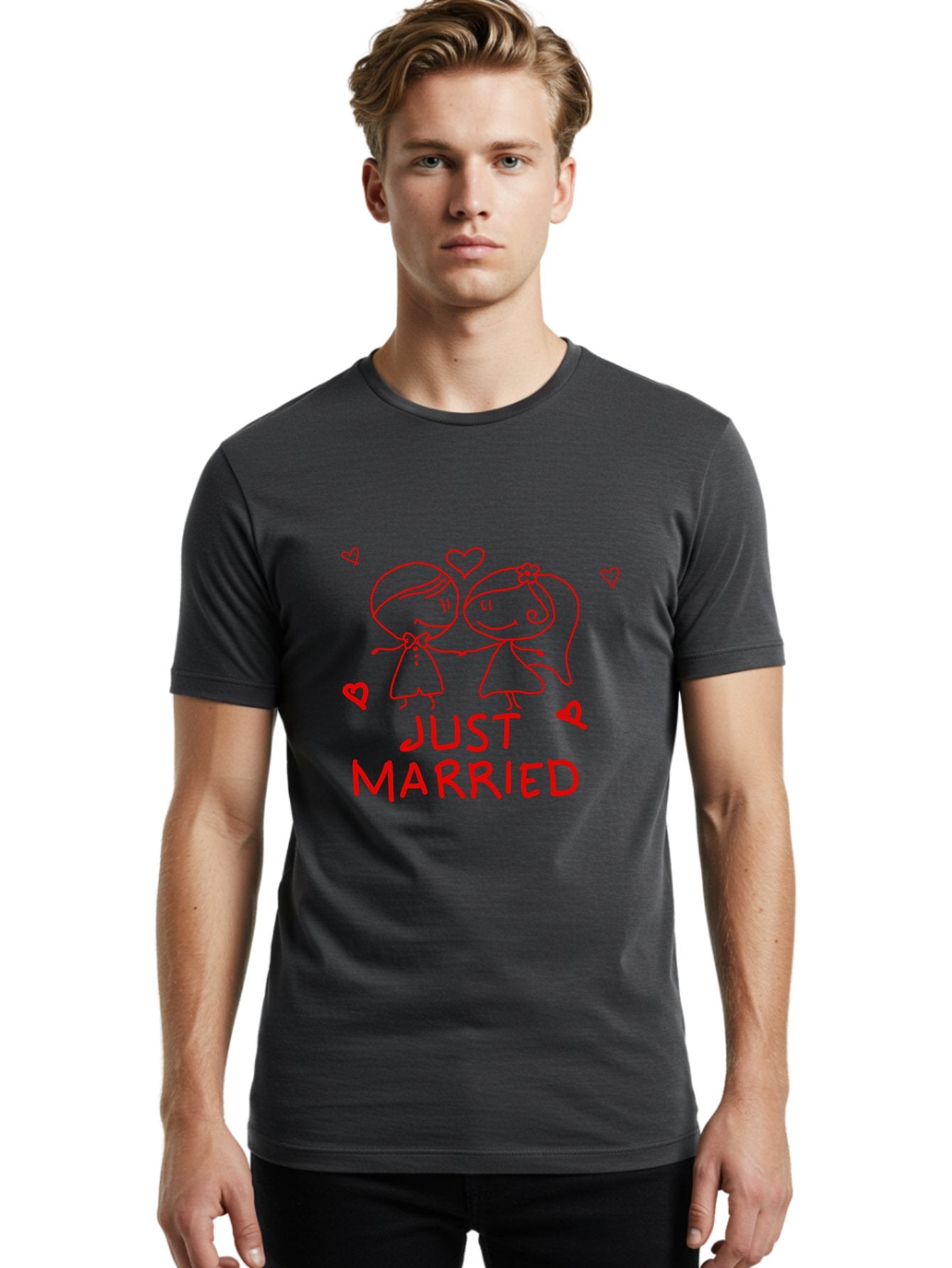 Just-Married Men'S Graphic Tee, 100% Cotton, Comfortable Casual Summer Wear, Machine Washable, Newlywed Couple, Cartoon Bride And Groom, Love Hearts, Red Text, Hand Drawn Illustration, Wedding Celebration, Sweethearts Together, Romantic Art -  Aaa084 6