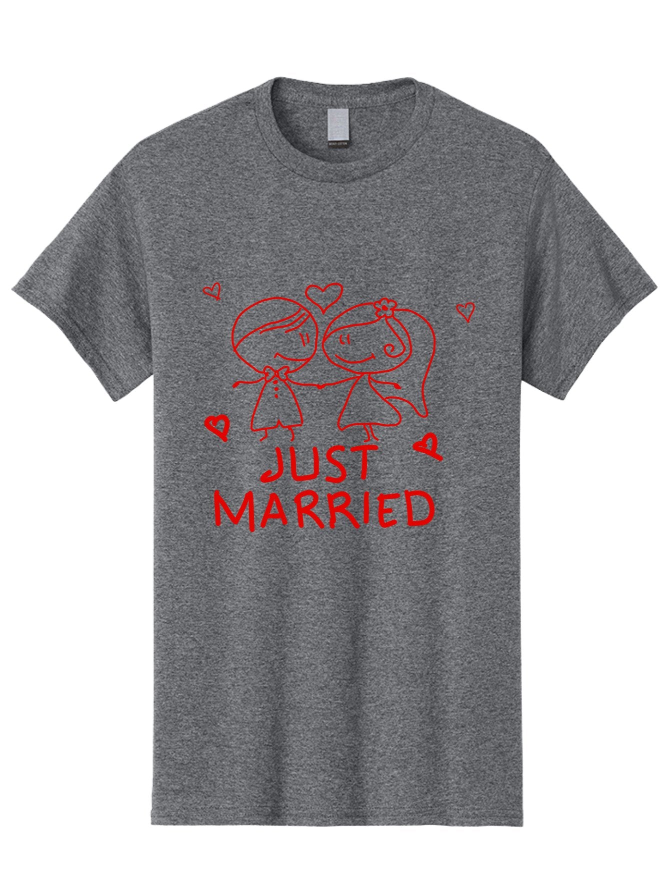 Just-Married Men'S Graphic Tee, 100% Cotton, Comfortable Casual Summer Wear, Machine Washable, Newlywed Couple, Cartoon Bride And Groom, Love Hearts, Red Text, Hand Drawn Illustration, Wedding Celebration, Sweethearts Together, Romantic Art -  Aaa084 23