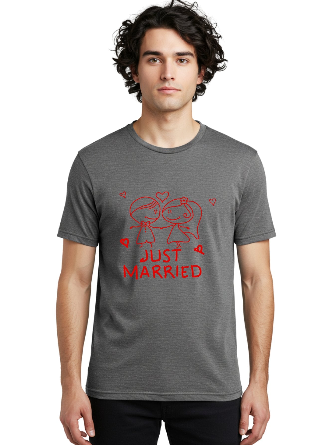 Just-Married Men'S Graphic Tee, 100% Cotton, Comfortable Casual Summer Wear, Machine Washable, Newlywed Couple, Cartoon Bride And Groom, Love Hearts, Red Text, Hand Drawn Illustration, Wedding Celebration, Sweethearts Together, Romantic Art -  Aaa084 24
