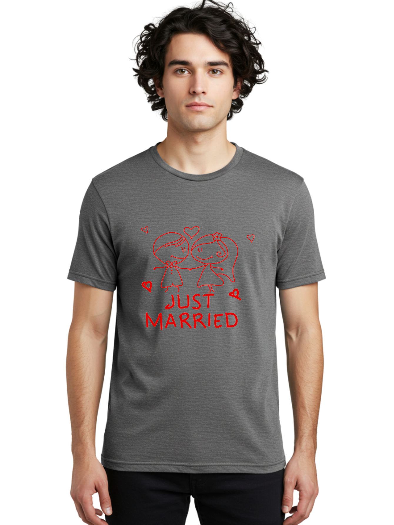 Just-Married Men'S Graphic Tee, 100% Cotton, Comfortable Casual Summer Wear, Machine Washable, Newlywed Couple, Cartoon Bride And Groom, Love Hearts, Red Text, Hand Drawn Illustration, Wedding Celebration, Sweethearts Together, Romantic Art -  Aaa084 8