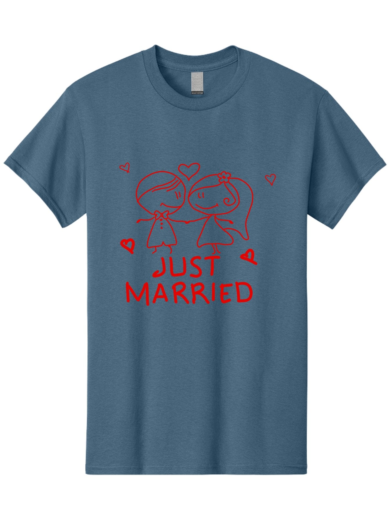 Just-Married Men'S Graphic Tee, 100% Cotton, Comfortable Casual Summer Wear, Machine Washable, Newlywed Couple, Cartoon Bride And Groom, Love Hearts, Red Text, Hand Drawn Illustration, Wedding Celebration, Sweethearts Together, Romantic Art -  Aaa084 29