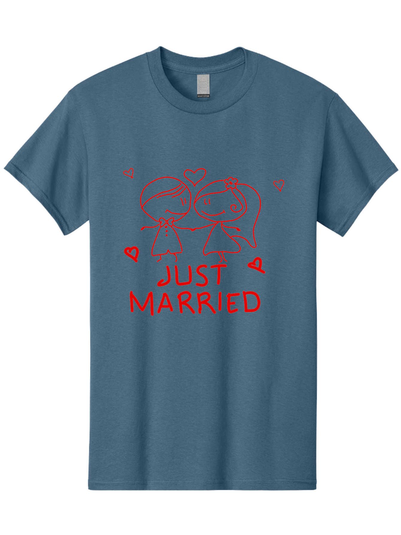 Just-Married Men'S Graphic Tee, 100% Cotton, Comfortable Casual Summer Wear, Machine Washable, Newlywed Couple, Cartoon Bride And Groom, Love Hearts, Red Text, Hand Drawn Illustration, Wedding Celebration, Sweethearts Together, Romantic Art -  Aaa084 23