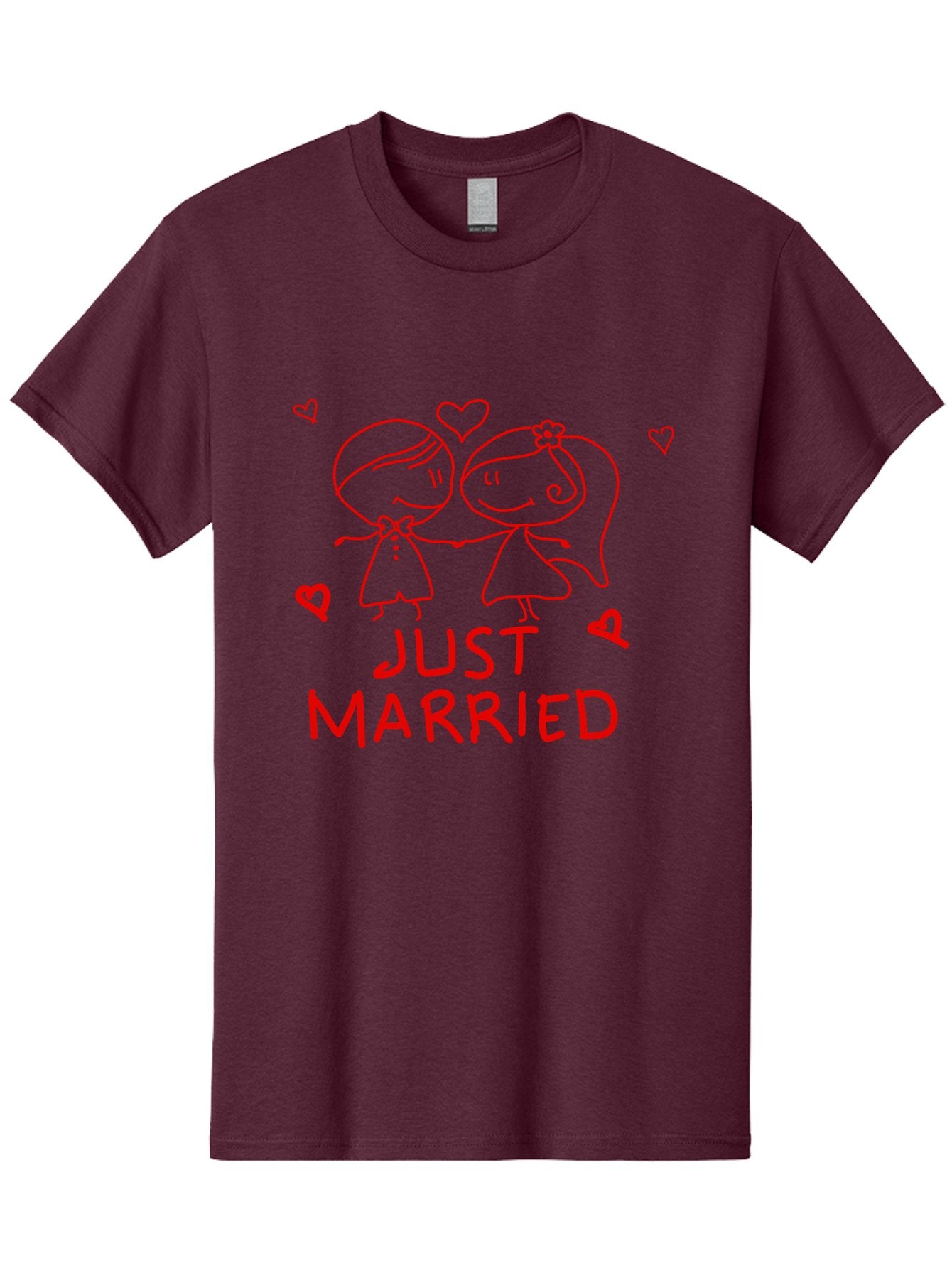 Just-Married Men'S Graphic Tee, 100% Cotton, Comfortable Casual Summer Wear, Machine Washable, Newlywed Couple, Cartoon Bride And Groom, Love Hearts, Red Text, Hand Drawn Illustration, Wedding Celebration, Sweethearts Together, Romantic Art -  Aaa084 13