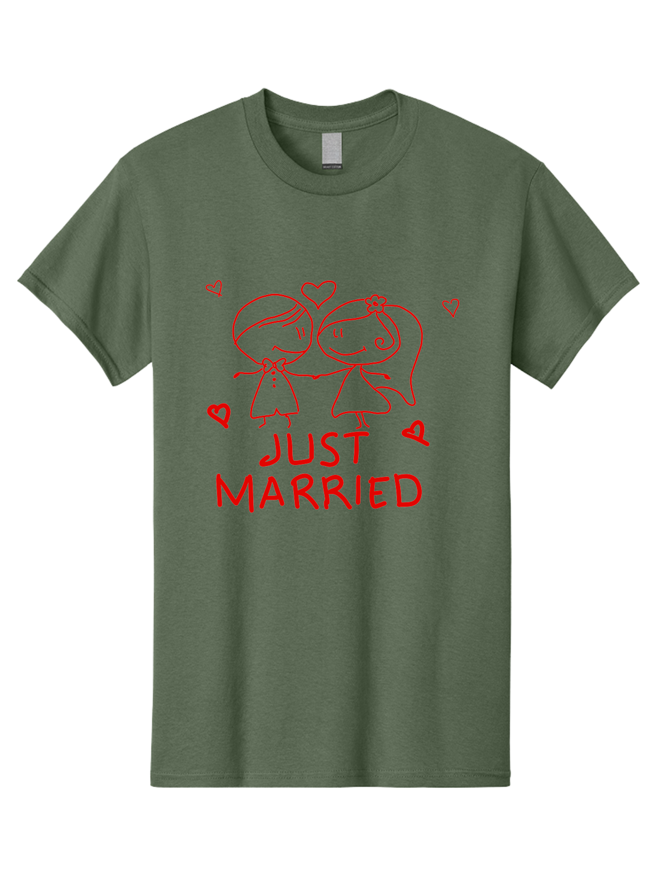 Just-Married Men'S Graphic Tee, 100% Cotton, Comfortable Casual Summer Wear, Machine Washable, Newlywed Couple, Cartoon Bride And Groom, Love Hearts, Red Text, Hand Drawn Illustration, Wedding Celebration, Sweethearts Together, Romantic Art -  Aaa084 13