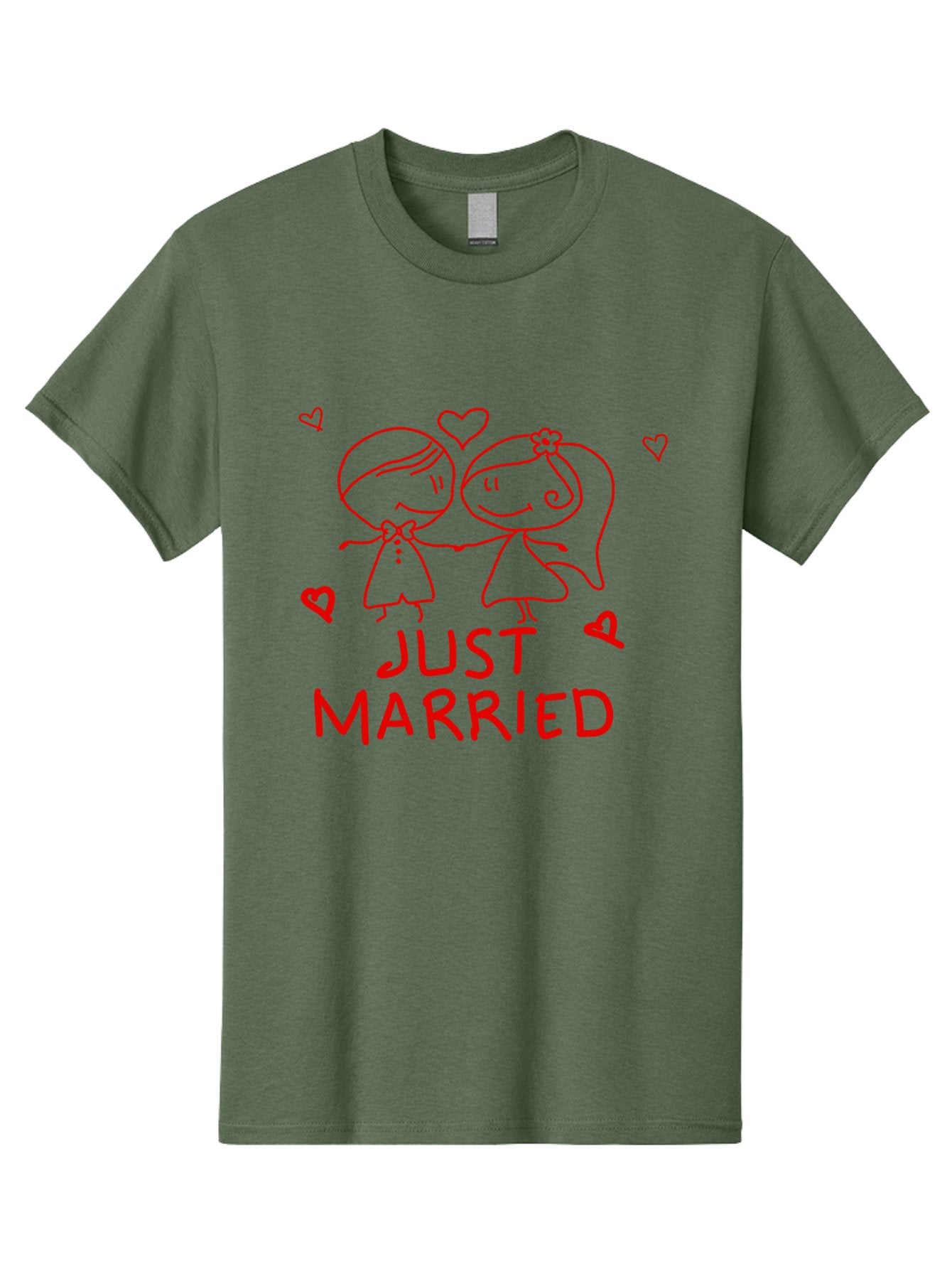 Just-Married Men'S Graphic Tee, 100% Cotton, Comfortable Casual Summer Wear, Machine Washable, Newlywed Couple, Cartoon Bride And Groom, Love Hearts, Red Text, Hand Drawn Illustration, Wedding Celebration, Sweethearts Together, Romantic Art -  Aaa084 15