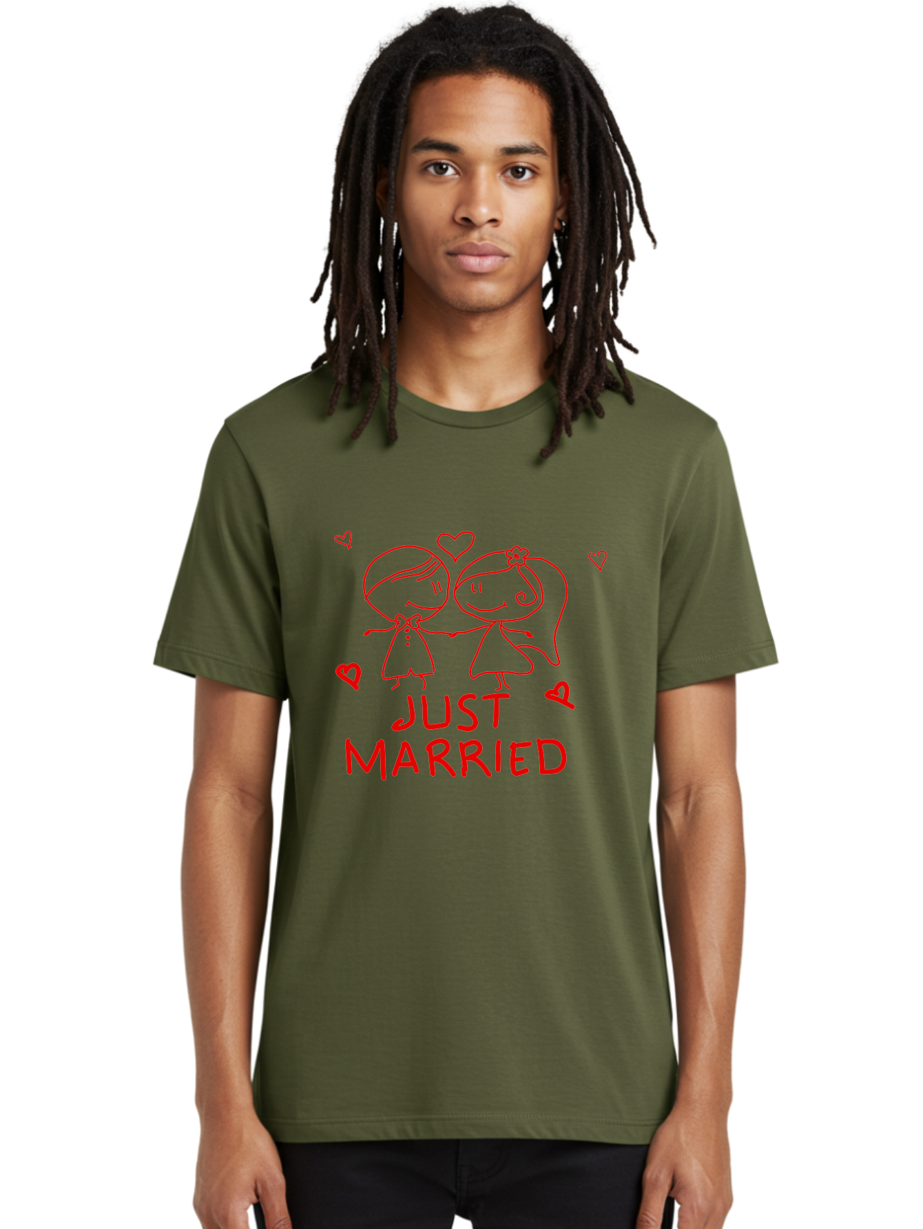 Just-Married Men'S Graphic Tee, 100% Cotton, Comfortable Casual Summer Wear, Machine Washable, Newlywed Couple, Cartoon Bride And Groom, Love Hearts, Red Text, Hand Drawn Illustration, Wedding Celebration, Sweethearts Together, Romantic Art -  Aaa084 14