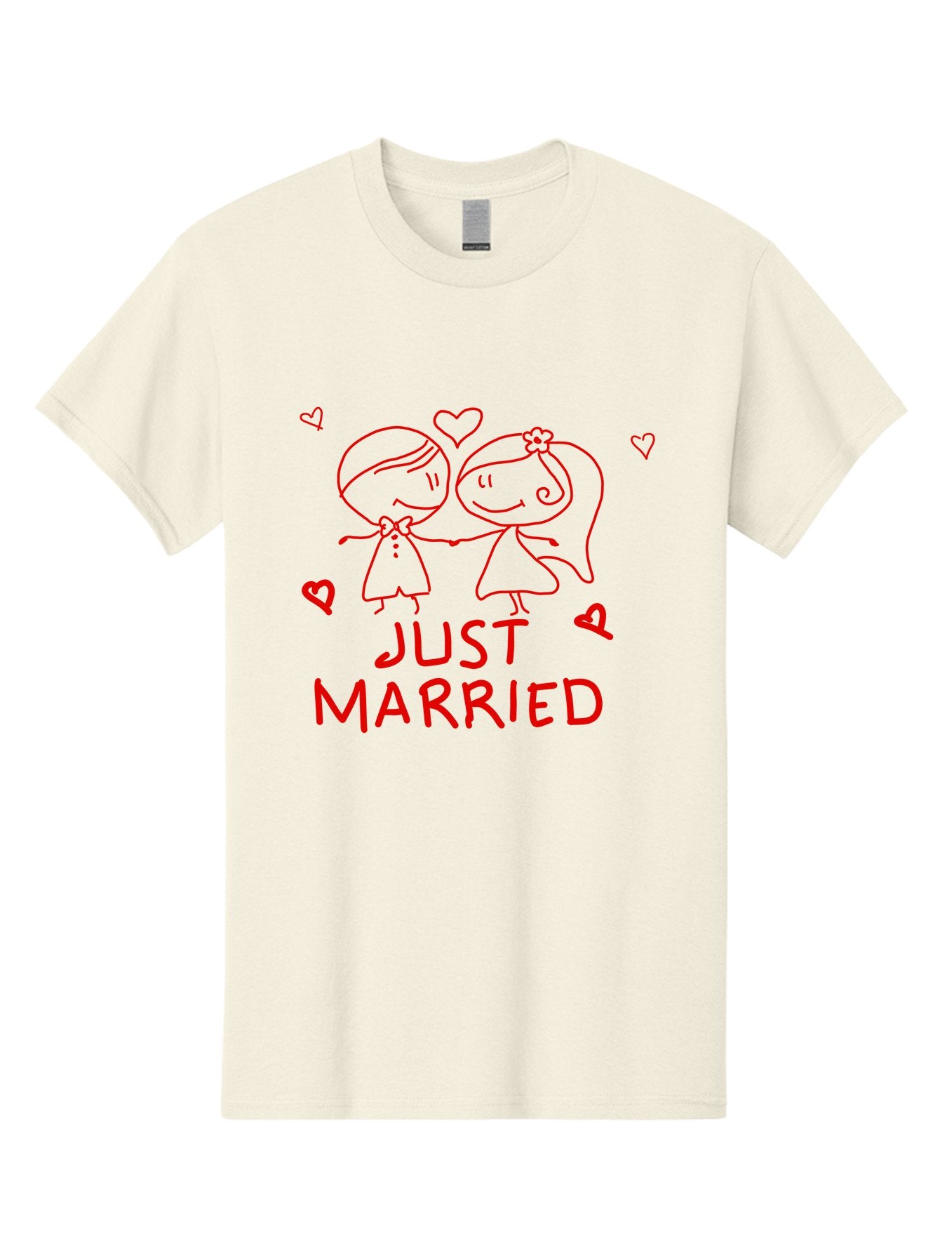 Just-Married Men'S Graphic Tee, 100% Cotton, Comfortable Casual Summer Wear, Machine Washable, Newlywed Couple, Cartoon Bride And Groom, Love Hearts, Red Text, Hand Drawn Illustration, Wedding Celebration, Sweethearts Together, Romantic Art -  Aaa084 17