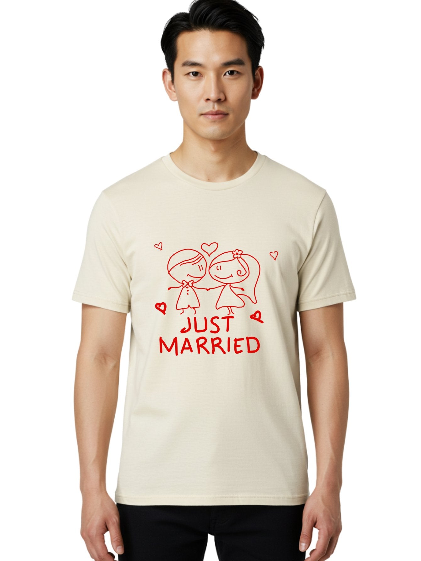 Just-Married Men'S Graphic Tee, 100% Cotton, Comfortable Casual Summer Wear, Machine Washable, Newlywed Couple, Cartoon Bride And Groom, Love Hearts, Red Text, Hand Drawn Illustration, Wedding Celebration, Sweethearts Together, Romantic Art -  Aaa084 18