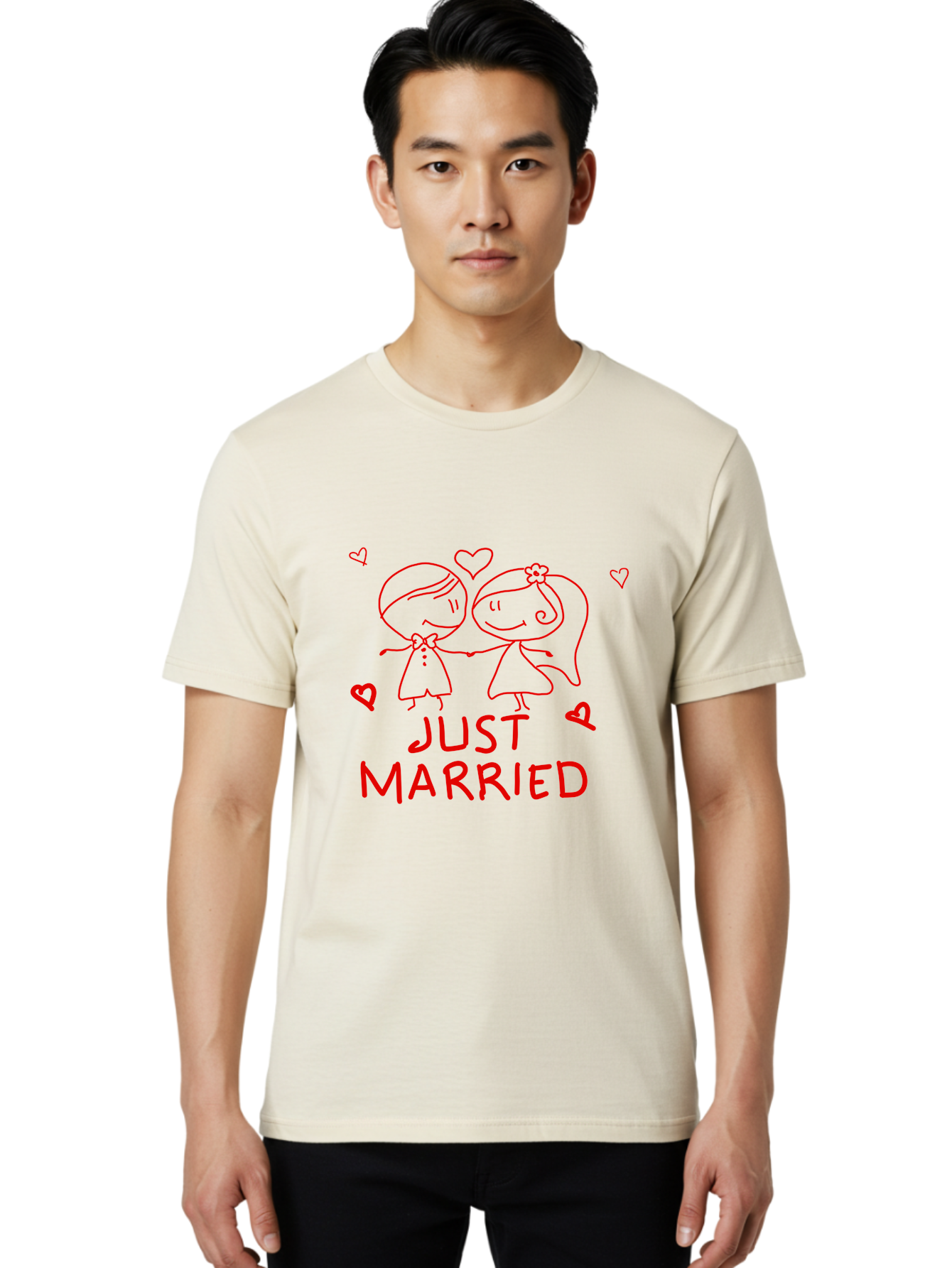 Just-Married Men'S Graphic Tee, 100% Cotton, Comfortable Casual Summer Wear, Machine Washable, Newlywed Couple, Cartoon Bride And Groom, Love Hearts, Red Text, Hand Drawn Illustration, Wedding Celebration, Sweethearts Together, Romantic Art -  Aaa084 28