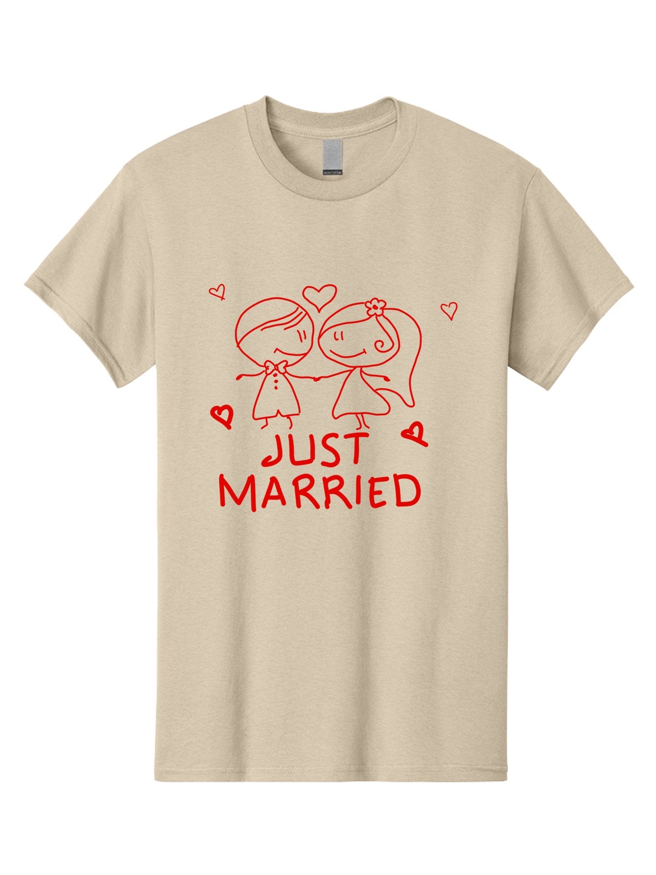 Just-Married Men'S Graphic Tee, 100% Cotton, Comfortable Casual Summer Wear, Machine Washable, Newlywed Couple, Cartoon Bride And Groom, Love Hearts, Red Text, Hand Drawn Illustration, Wedding Celebration, Sweethearts Together, Romantic Art -  Aaa084 19