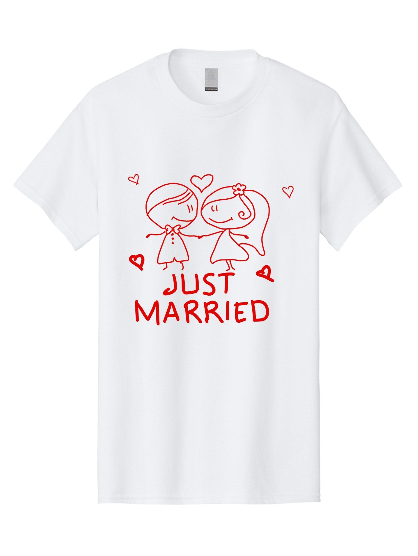 Just-Married Men'S Graphic Tee, 100% Cotton, Comfortable Casual Summer Wear, Machine Washable, Newlywed Couple, Cartoon Bride And Groom, Love Hearts, Red Text, Hand Drawn Illustration, Wedding Celebration, Sweethearts Together, Romantic Art -  Aaa084 27