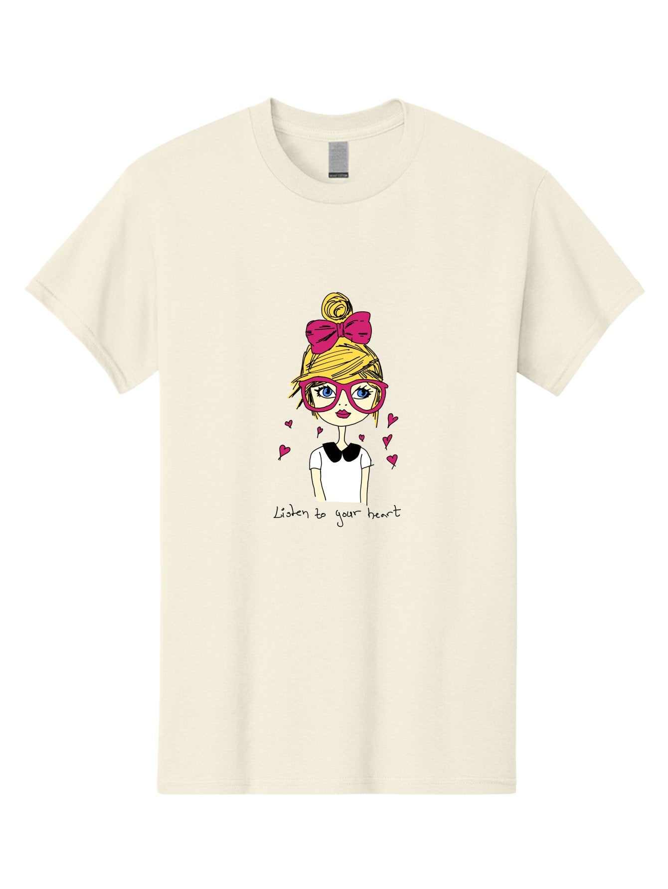 Listen-To-Your-Heart Men'S Graphic Tee, 100% Cotton, Comfortable Casual Summer Wear, Machine Washable, Girl With Pink Glasses And Bow, Blonde Hair, White Shirt, Black Collar, Pink Hearts, Inspirational Quote, Positive Vibes, -  Aaa088 21