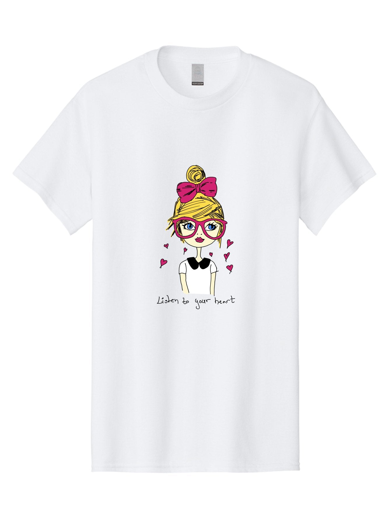 Listen-To-Your-Heart Men'S Graphic Tee, 100% Cotton, Comfortable Casual Summer Wear, Machine Washable, Girl With Pink Glasses And Bow, Blonde Hair, White Shirt, Black Collar, Pink Hearts, Inspirational Quote, Positive Vibes, -  Aaa088 11