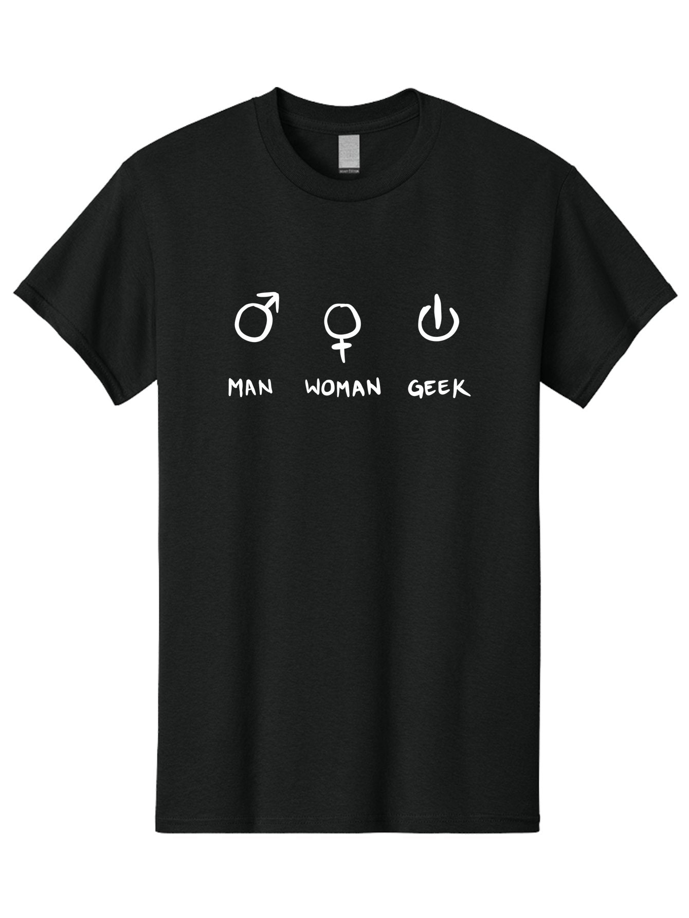 Man-Woman-Geek Men'S Graphic Tee, 100% Cotton, Comfortable Casual Summer Wear, Machine Washable, Gender Symbols, Male And Female Icons, Geek Culture, Tech Symbols, Power Button, Simple Graphics, Minimalist Design, Symbolic Representation, -  Aaa092 17