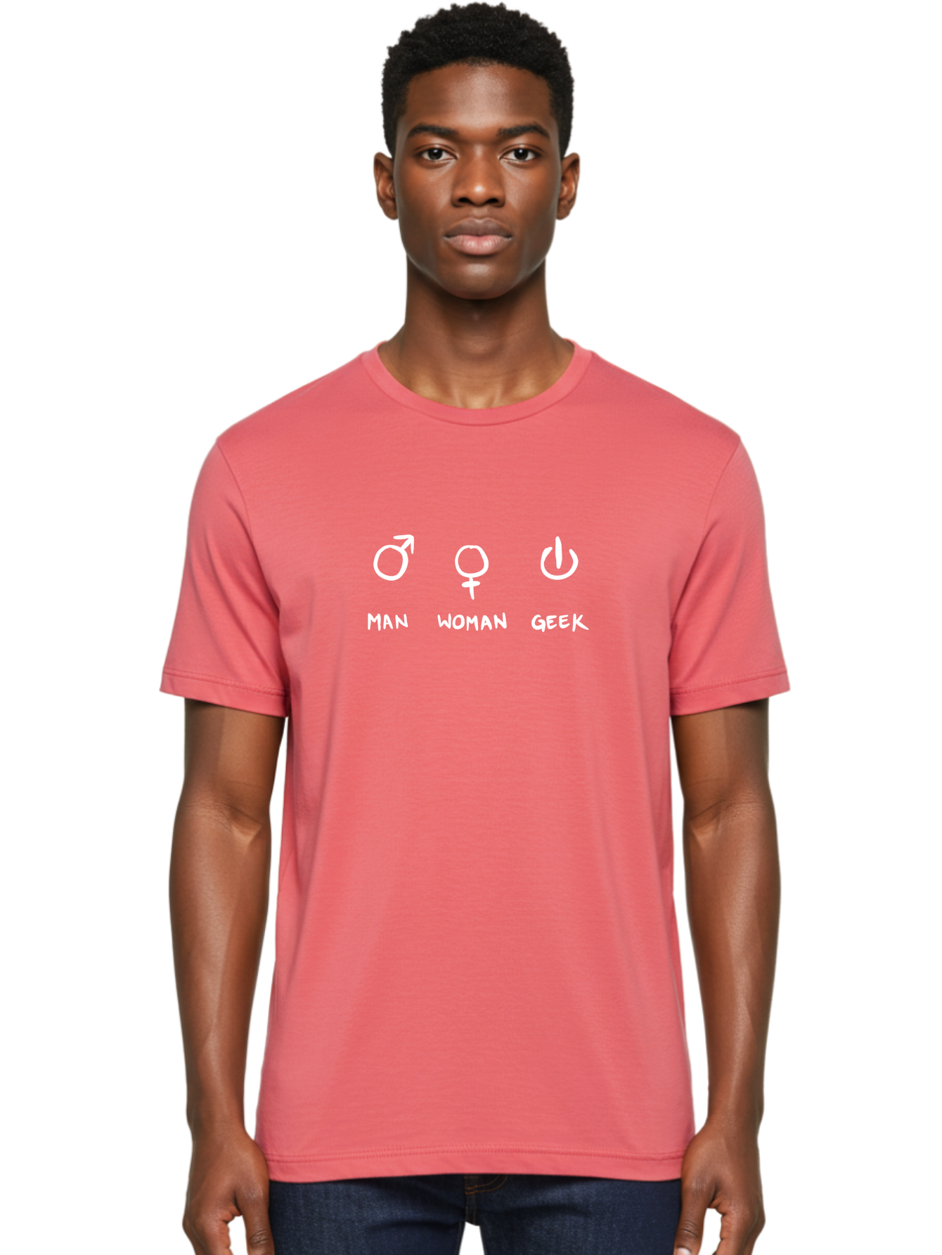 Man-Woman-Geek Men'S Graphic Tee, 100% Cotton, Comfortable Casual Summer Wear, Machine Washable, Gender Symbols, Male And Female Icons, Geek Culture, Tech Symbols, Power Button, Simple Graphics, Minimalist Design, Symbolic Representation, -  Aaa092 30