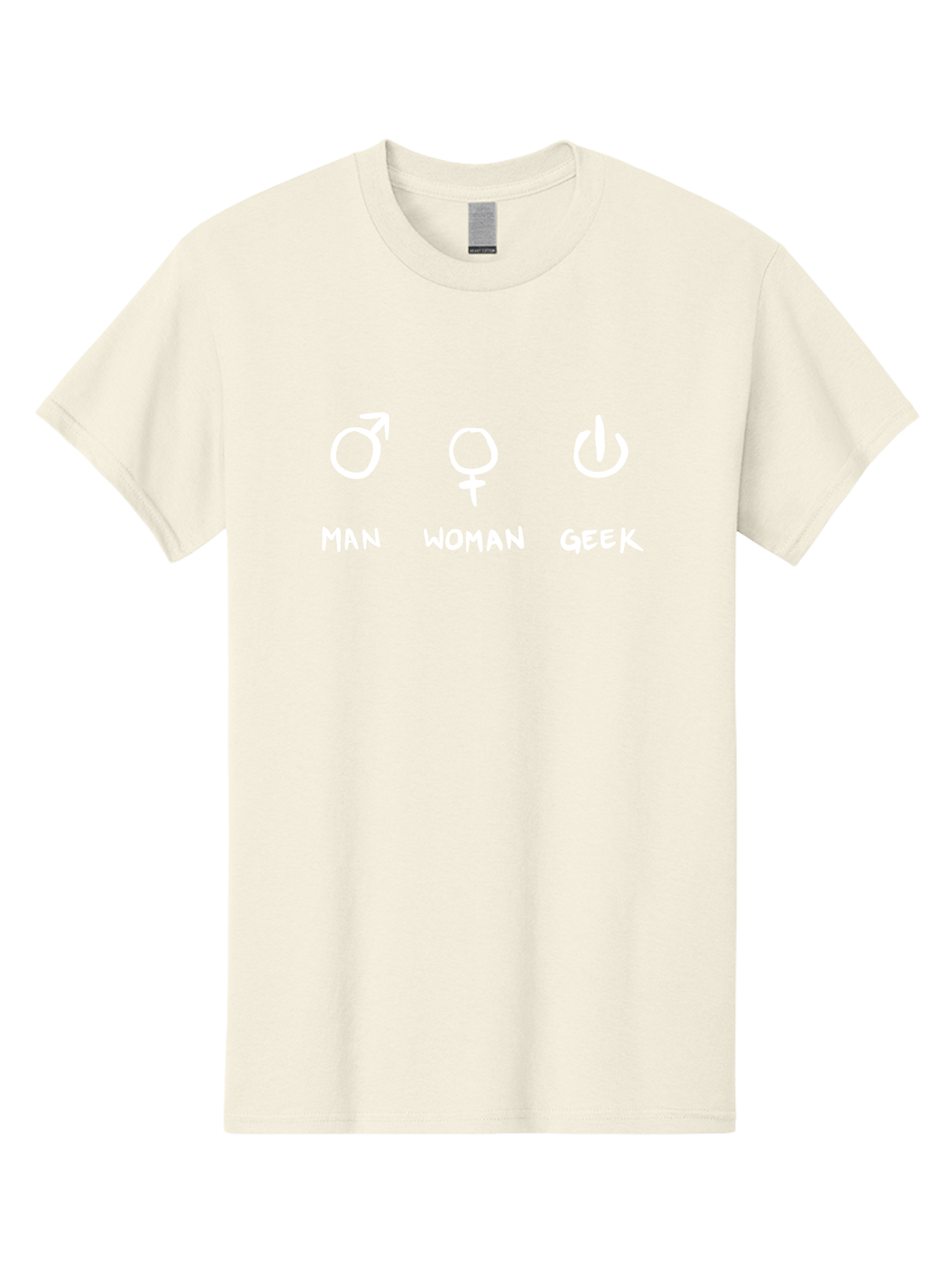 Man-Woman-Geek Men'S Graphic Tee, 100% Cotton, Comfortable Casual Summer Wear, Machine Washable, Gender Symbols, Male And Female Icons, Geek Culture, Tech Symbols, Power Button, Simple Graphics, Minimalist Design, Symbolic Representation, -  Aaa092