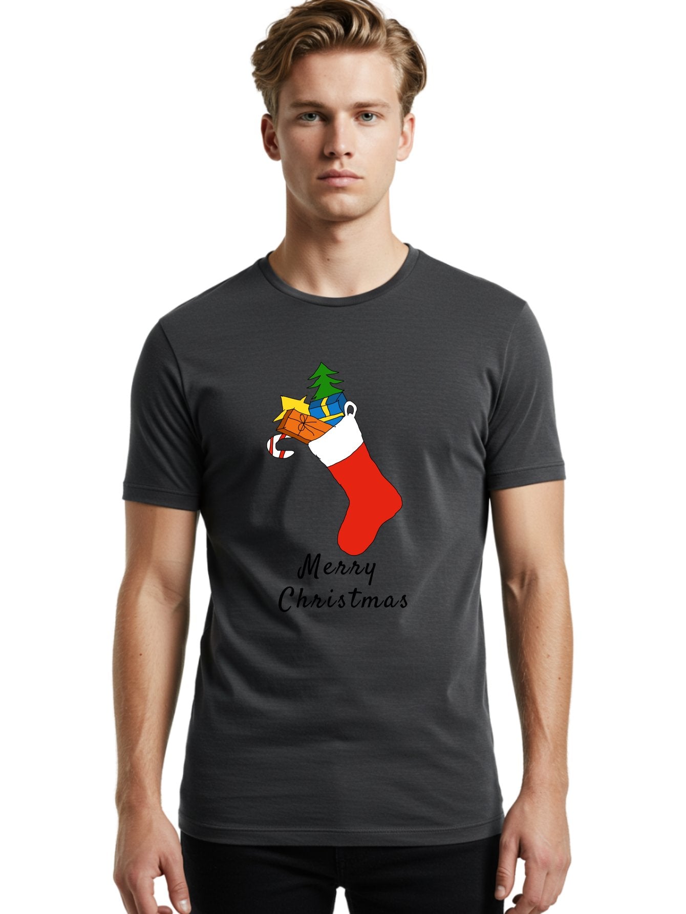Merry-Christmas-1 Men'S Graphic Tee, 100% Cotton, Comfortable Casual Summer Wear, Machine Washable, Christmas Stocking, Holiday Gifts, Festive Decorations, Christmas Tree, Wrapped Presents, Candy Cane, Merry Christmas Greeting, -  Aaa096 4