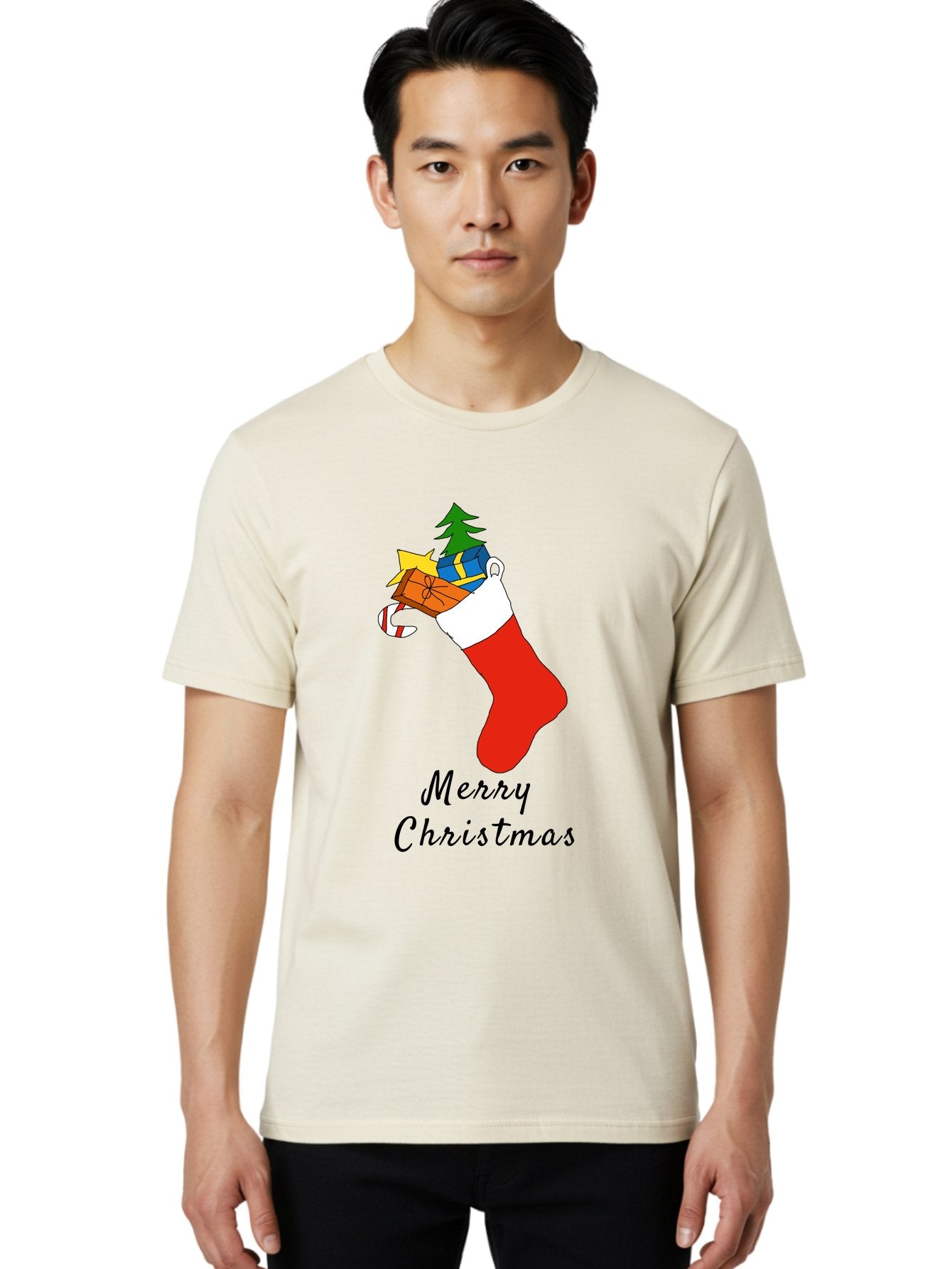 Merry-Christmas-1 Men'S Graphic Tee, 100% Cotton, Comfortable Casual Summer Wear, Machine Washable, Christmas Stocking, Holiday Gifts, Festive Decorations, Christmas Tree, Wrapped Presents, Candy Cane, Merry Christmas Greeting, -  Aaa096