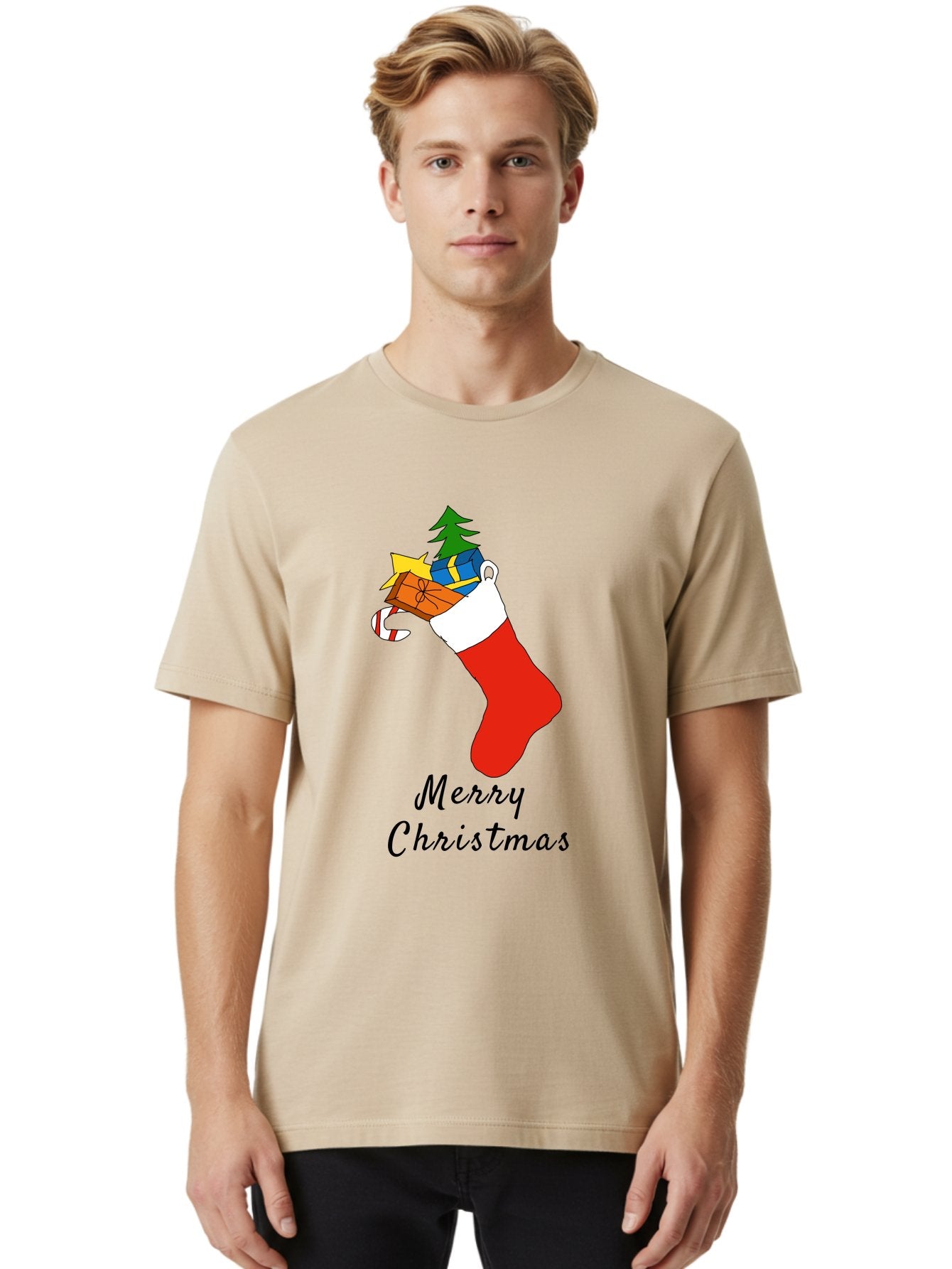 Merry-Christmas-1 Men'S Graphic Tee, 100% Cotton, Comfortable Casual Summer Wear, Machine Washable, Christmas Stocking, Holiday Gifts, Festive Decorations, Christmas Tree, Wrapped Presents, Candy Cane, Merry Christmas Greeting, -  Aaa096 18