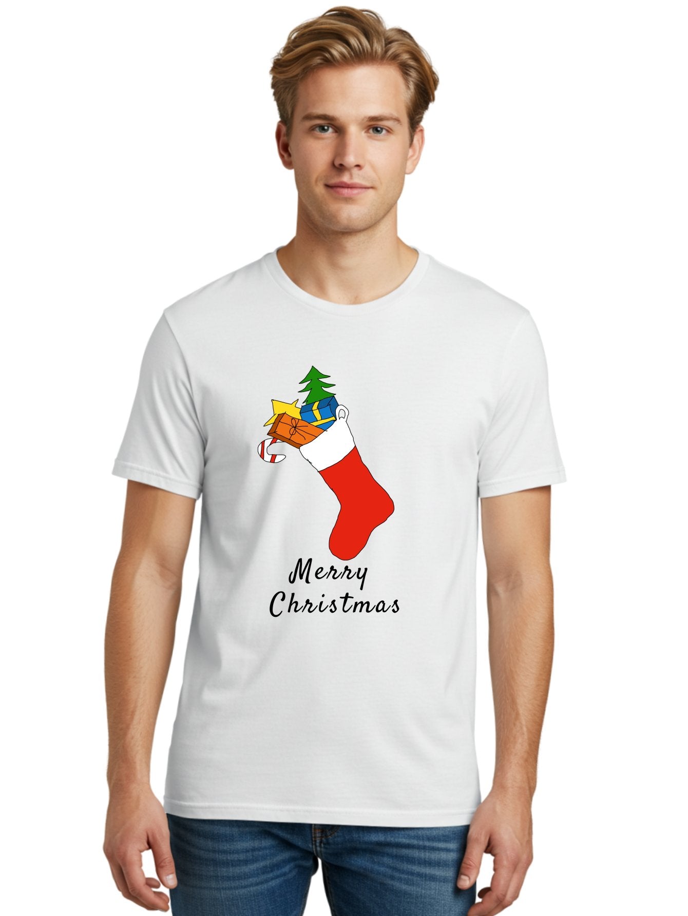 Merry-Christmas-1 Men'S Graphic Tee, 100% Cotton, Comfortable Casual Summer Wear, Machine Washable, Christmas Stocking, Holiday Gifts, Festive Decorations, Christmas Tree, Wrapped Presents, Candy Cane, Merry Christmas Greeting, -  Aaa096 22