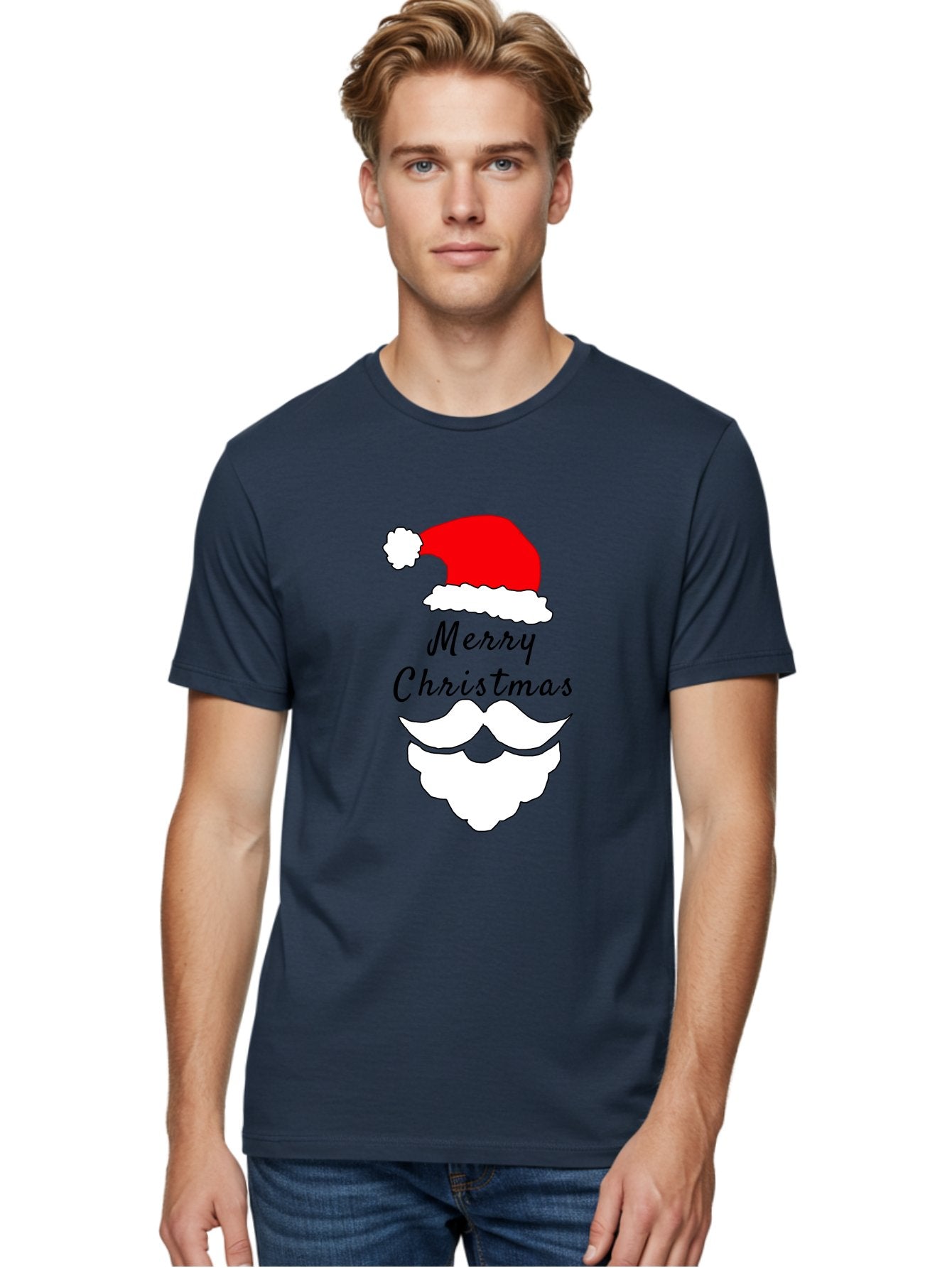 Merry-Christmas Men'S Graphic Tee, 100% Cotton, Comfortable Casual Summer Wear, Machine Washable, Merry Christmas, Santa Hat, White Beard, Festive Season, Holiday Greeting, Christmas Wishes, Jolly Old Saint Nick, Winter Wonderland, -  Aaa097