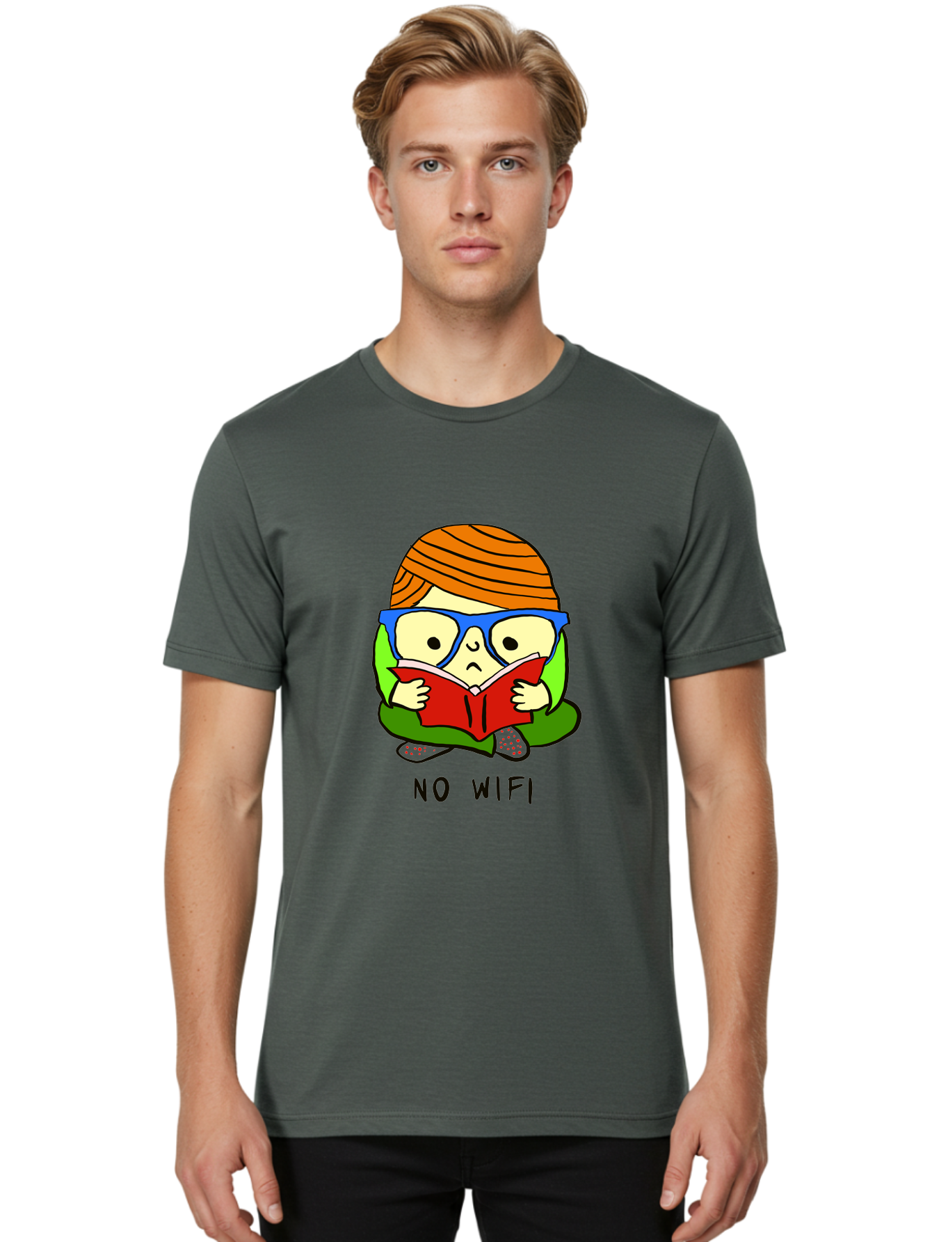 No-Wifi Men'S Graphic Tee, 100% Cotton, Comfortable Casual Summer Wear, Machine Washable, Person Reading A Book, Wearing Glasses, Orange Head Wrap, Offline Mode, Digital Detox, Relaxed Atmosphere, Calm Environment, Reading Culture -  Aaa100 6