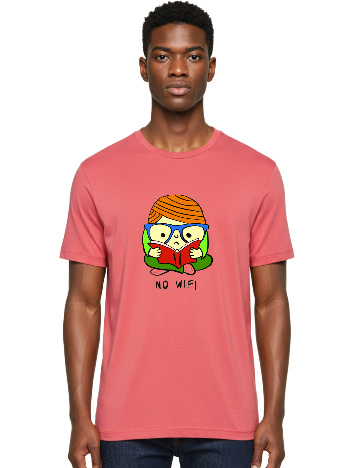 No-Wifi Men'S Graphic Tee, 100% Cotton, Comfortable Casual Summer Wear, Machine Washable, Person Reading A Book, Wearing Glasses, Orange Head Wrap, Offline Mode, Digital Detox, Relaxed Atmosphere, Calm Environment, Reading Culture -  Aaa100 20