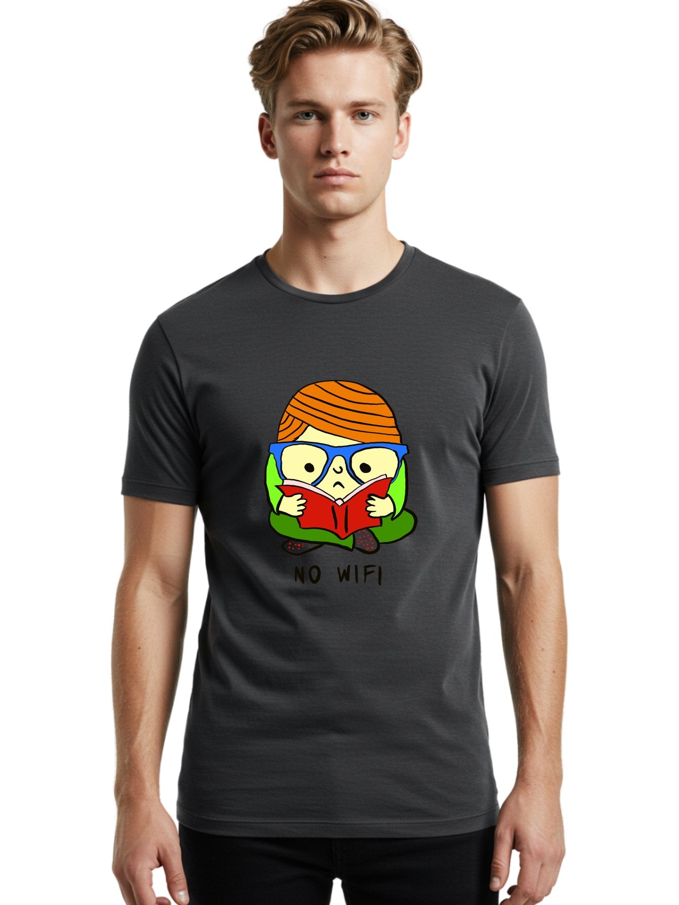 No-Wifi Men'S Graphic Tee, 100% Cotton, Comfortable Casual Summer Wear, Machine Washable, Person Reading A Book, Wearing Glasses, Orange Head Wrap, Offline Mode, Digital Detox, Relaxed Atmosphere, Calm Environment, Reading Culture -  Aaa100 4