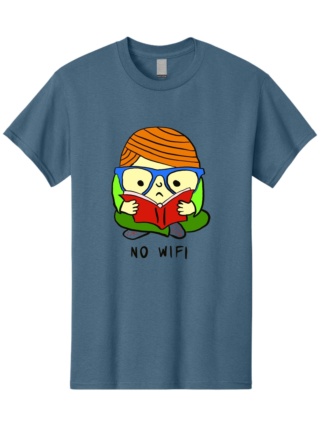 No-Wifi Men'S Graphic Tee, 100% Cotton, Comfortable Casual Summer Wear, Machine Washable, Person Reading A Book, Wearing Glasses, Orange Head Wrap, Offline Mode, Digital Detox, Relaxed Atmosphere, Calm Environment, Reading Culture -  Aaa100 29