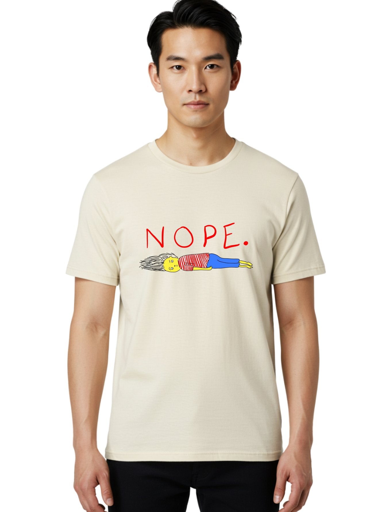 Nope Men'S Graphic Tee, 100% Cotton, Comfortable Casual Summer Wear, Machine Washable, Cartoon Character Lying Down, Refusal, Rejection, Humor, Funny, Relaxed, Laid-Back, Nope Text -  Aaa101