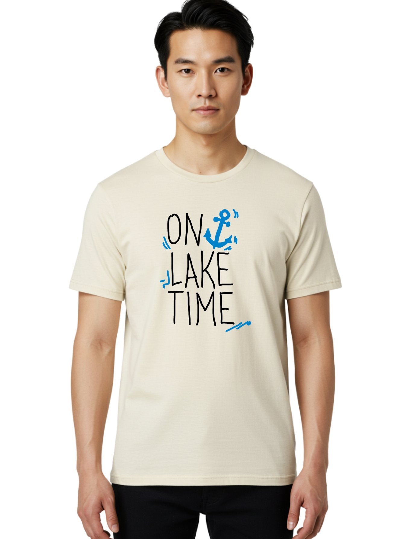 On-Lake-Time Men'S Graphic Tee, 100% Cotton, Comfortable Casual Summer Wear, Machine Washable, Lake Life, Anchor Symbol, Lake Time, Water Activities, Boating, Sailing, Relaxation, Leisure Time, Summer Fun, Nautical Theme -  Aaa105 20