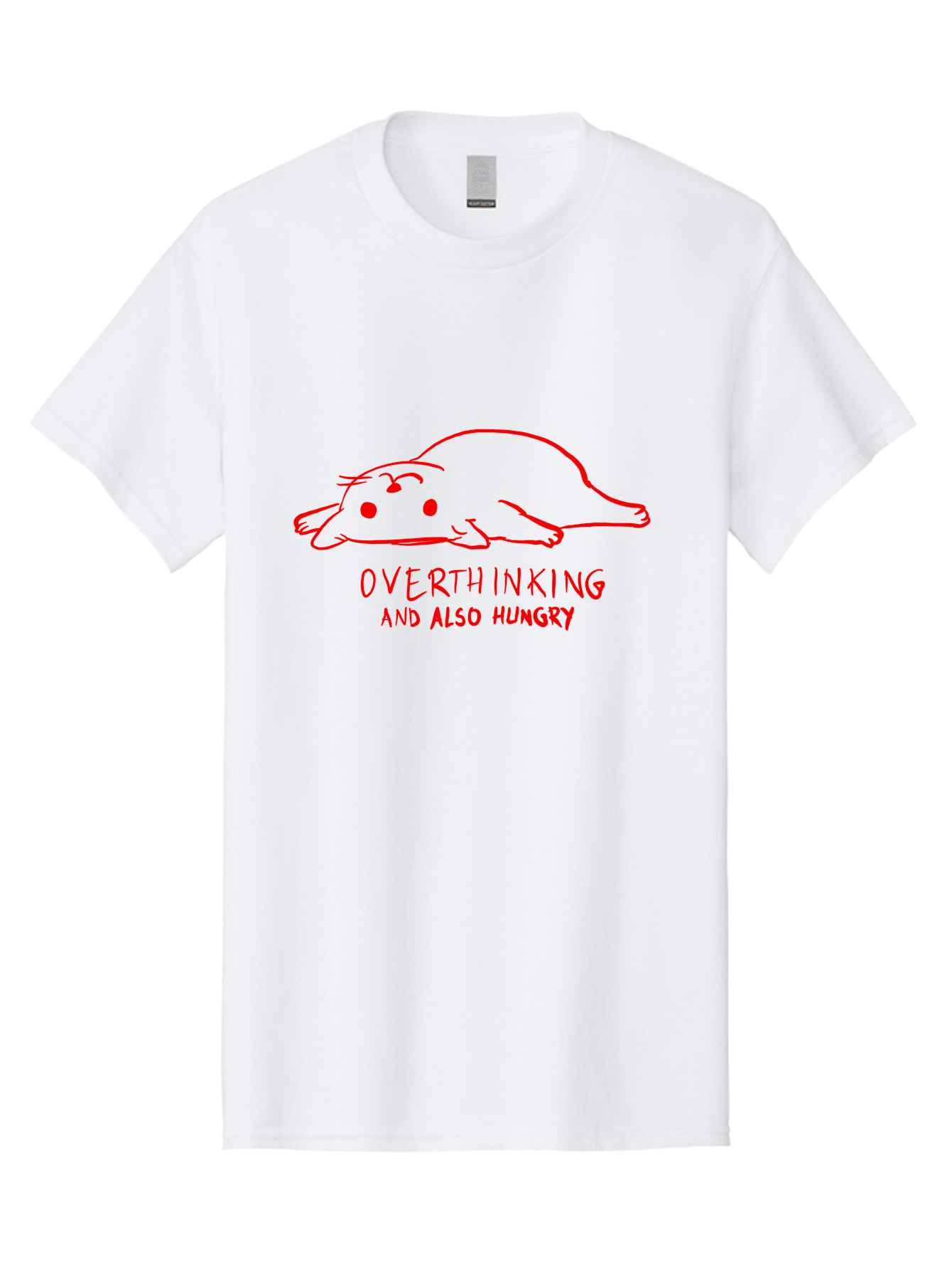 Overthinking-And-Also-Hungry Men'S Graphic Tee, 100% Cotton, Comfortable Casual Summer Wear, Machine Washable, Funny Animal Cartoon, Red Rat, Cute Rodent, Lying Down Relaxed, Overthinking Humor, Relatable, Funny, Quirky, Cartoon Humor, -  Aaa106