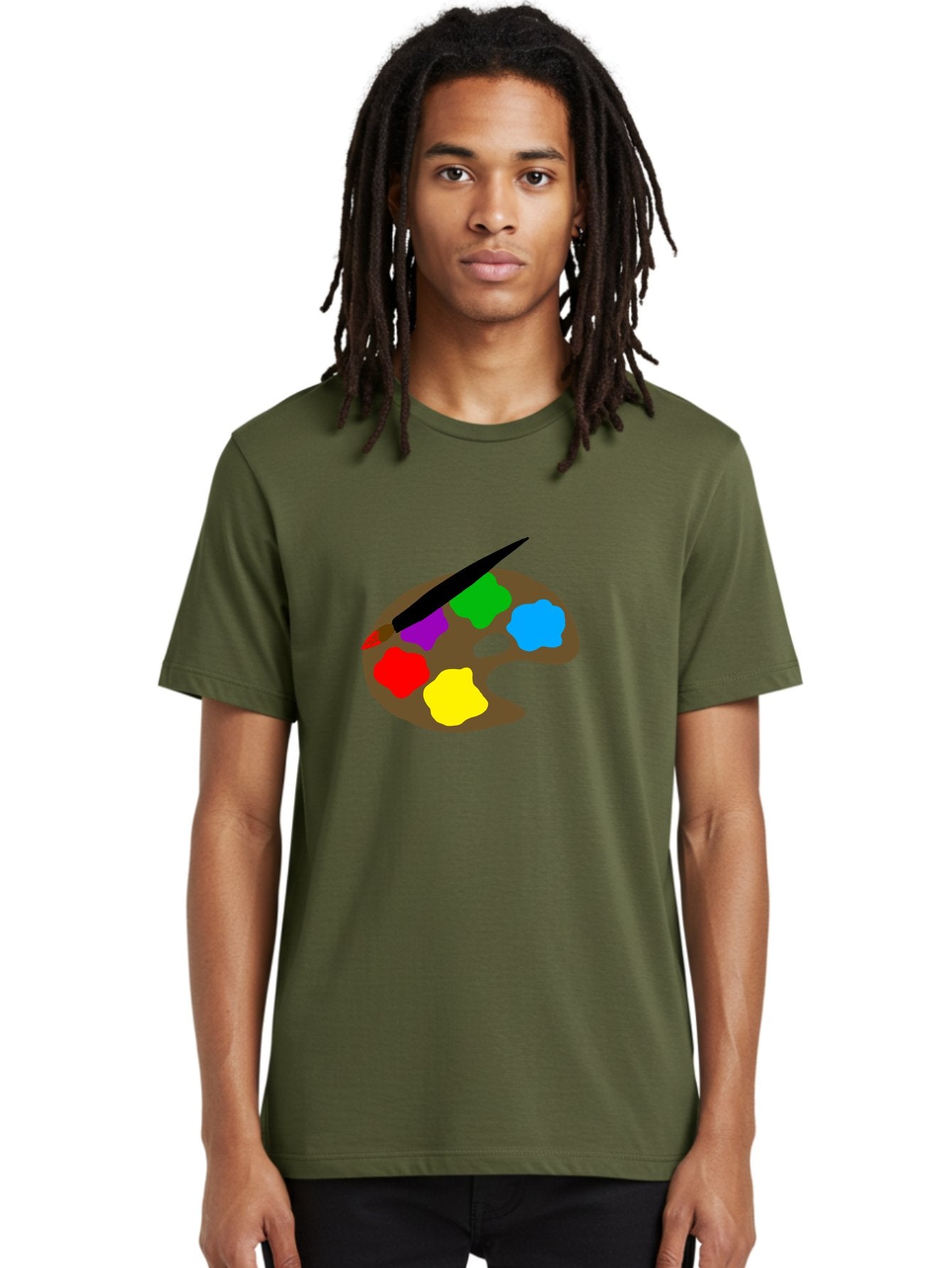 Paint-Palette Men'S Graphic Tee, 100% Cotton, Comfortable Casual Summer Wear, Machine Washable, Artist'S Palette, Painting Supplies, Colorful Paints, Artistic Tools, Creative Expression, Vibrant Colors, Red, Yellow, Blue, Green, Purple -  Aaa107 6