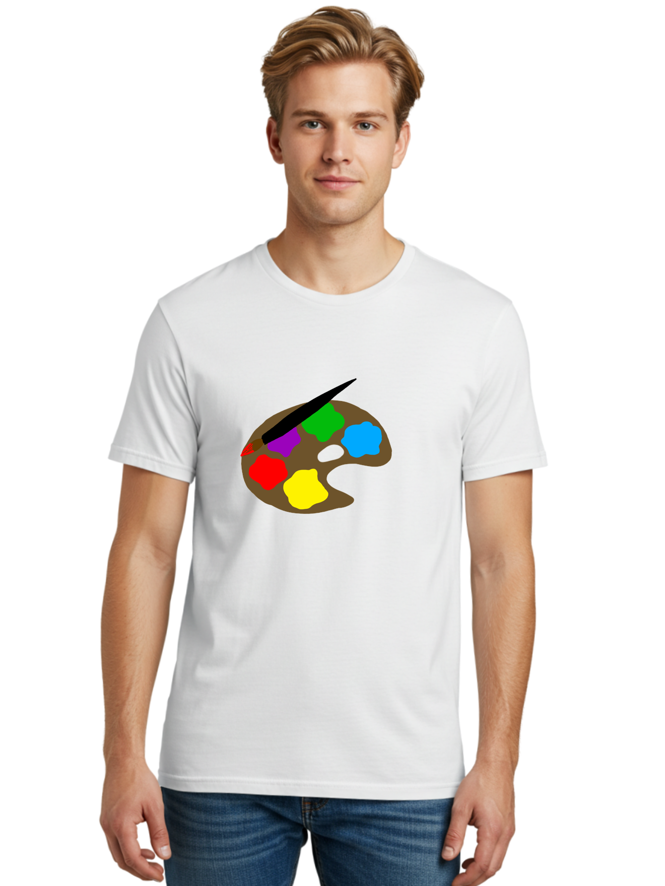 Paint-Palette Men'S Graphic Tee, 100% Cotton, Comfortable Casual Summer Wear, Machine Washable, Artist'S Palette, Painting Supplies, Colorful Paints, Artistic Tools, Creative Expression, Vibrant Colors, Red, Yellow, Blue, Green, Purple -  Aaa107