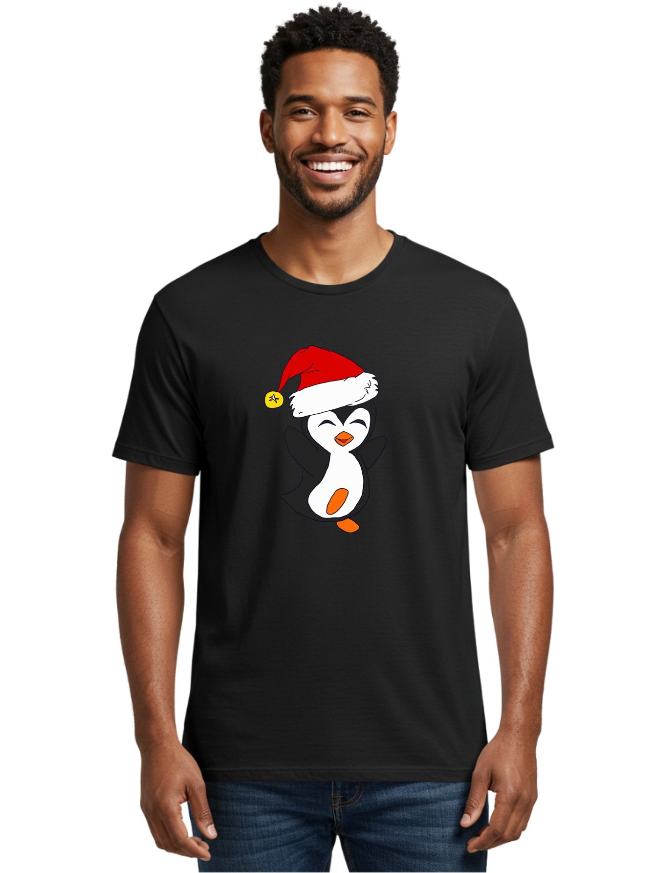Penguin-With-Santa-Hat Men'S Graphic Tee, 100% Cotton, Comfortable Casual Summer Wear, Machine Washable, Cartoon Penguin, Santa Hat, Christmas Character, Festive Holiday, Cartoon Illustration, Winter Wonderland, Cute Animal, -  Aaa110 12